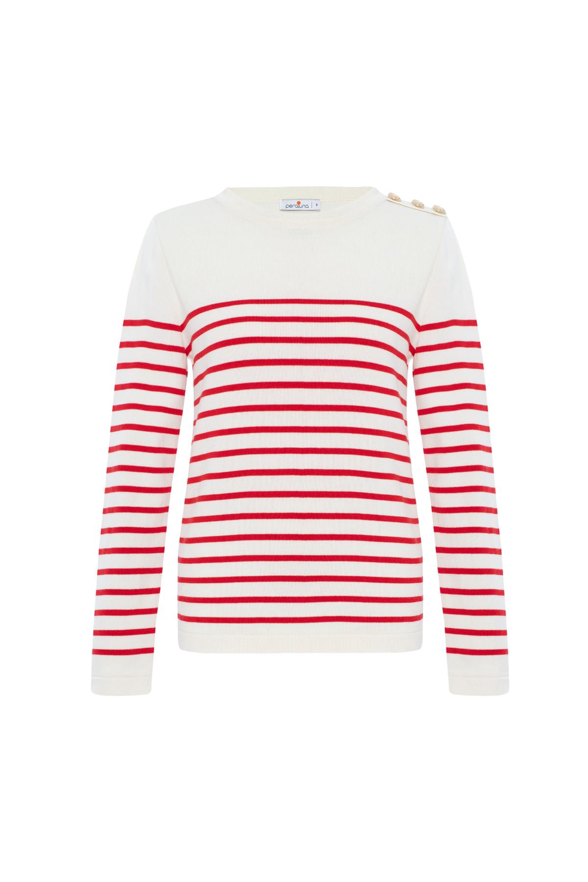 Peraluna AUDREY PULLOVER Omzu Düğmeli Çizgili Organik Pamuk Mevsimlik Kadın Triko Kazak Ekru/Kırmızı