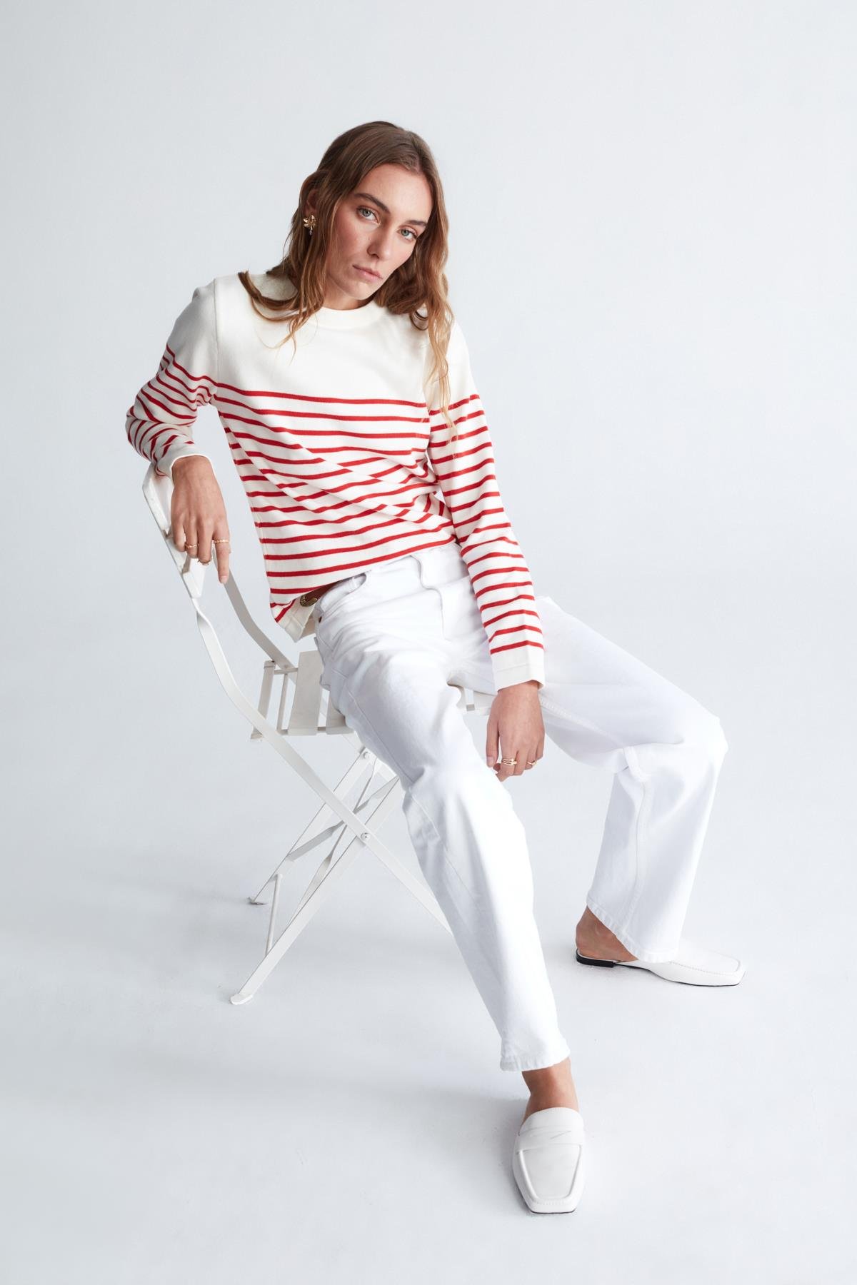 Peraluna AUDREY PULLOVER Omzu Düğmeli Çizgili Organik Pamuk Mevsimlik Kadın Triko Kazak Ekru/Kırmızı