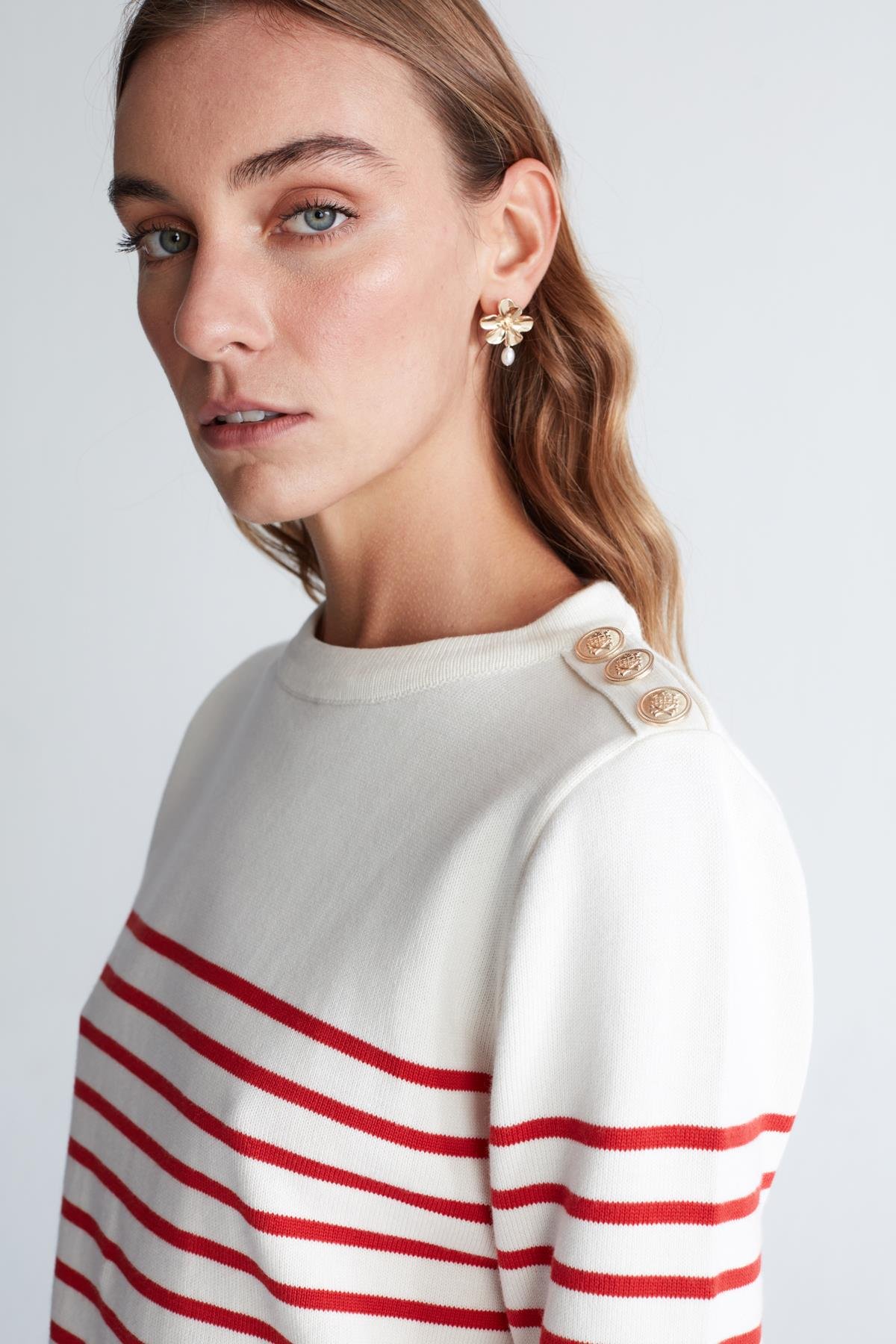 Peraluna AUDREY PULLOVER Omzu Düğmeli Çizgili Organik Pamuk Mevsimlik Kadın Triko Kazak Ekru/Kırmızı