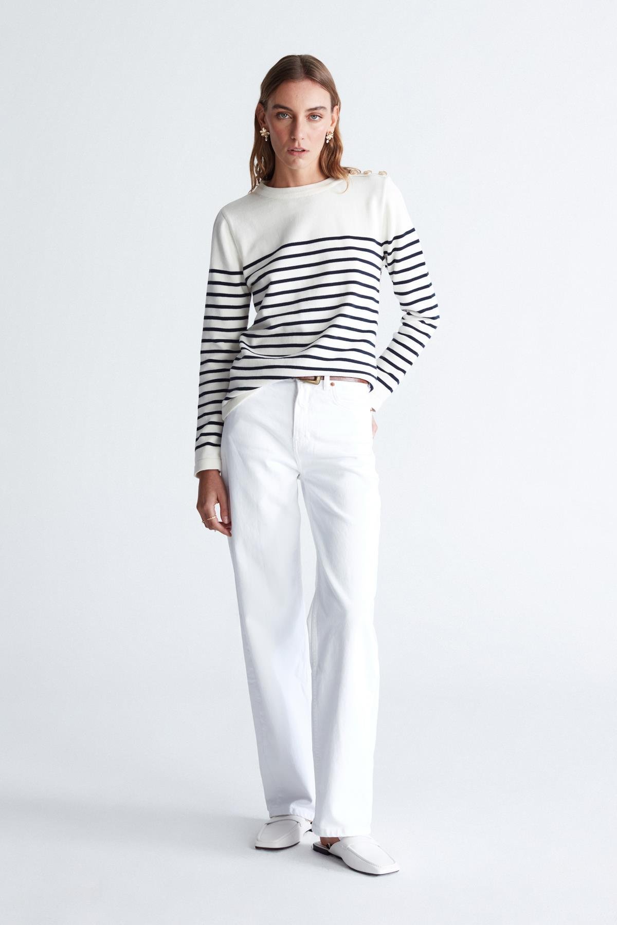 Peraluna AUDREY PULLOVER Omzu Düğmeli Çizgili Organik Pamuk Mevsimlik Kadın Triko Kazak Ekru/Lacivert