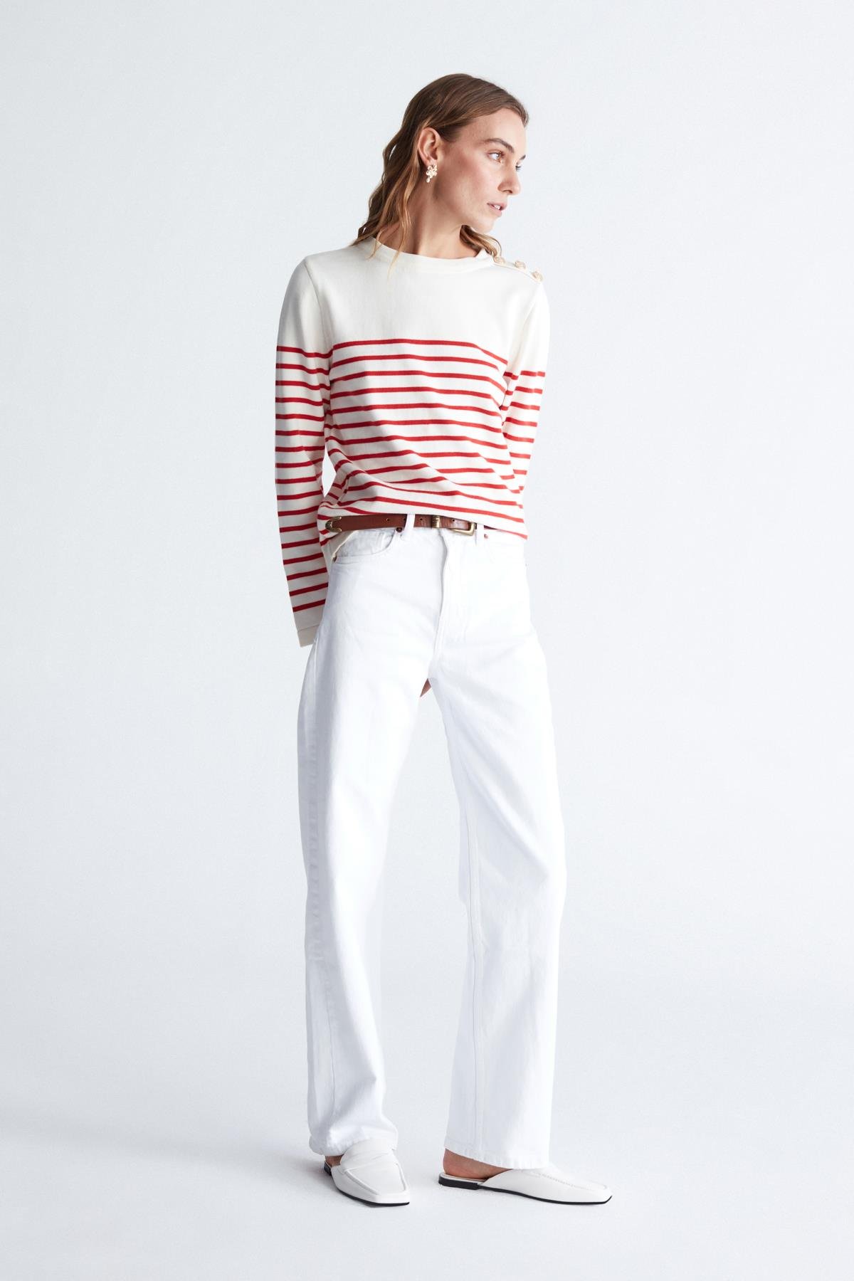 Peraluna AUDREY PULLOVER Omzu Düğmeli Çizgili Organik Pamuk Mevsimlik Kadın Triko Kazak Ekru/Kırmızı