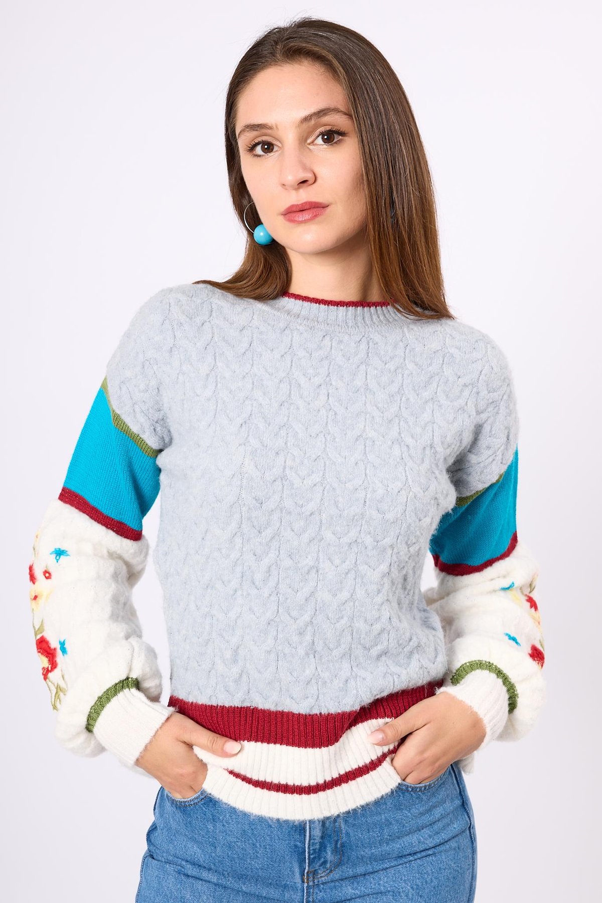 Peraluna Aurora Comfort Fit Womens Knitted Pullover - Gray/Blue/Multi