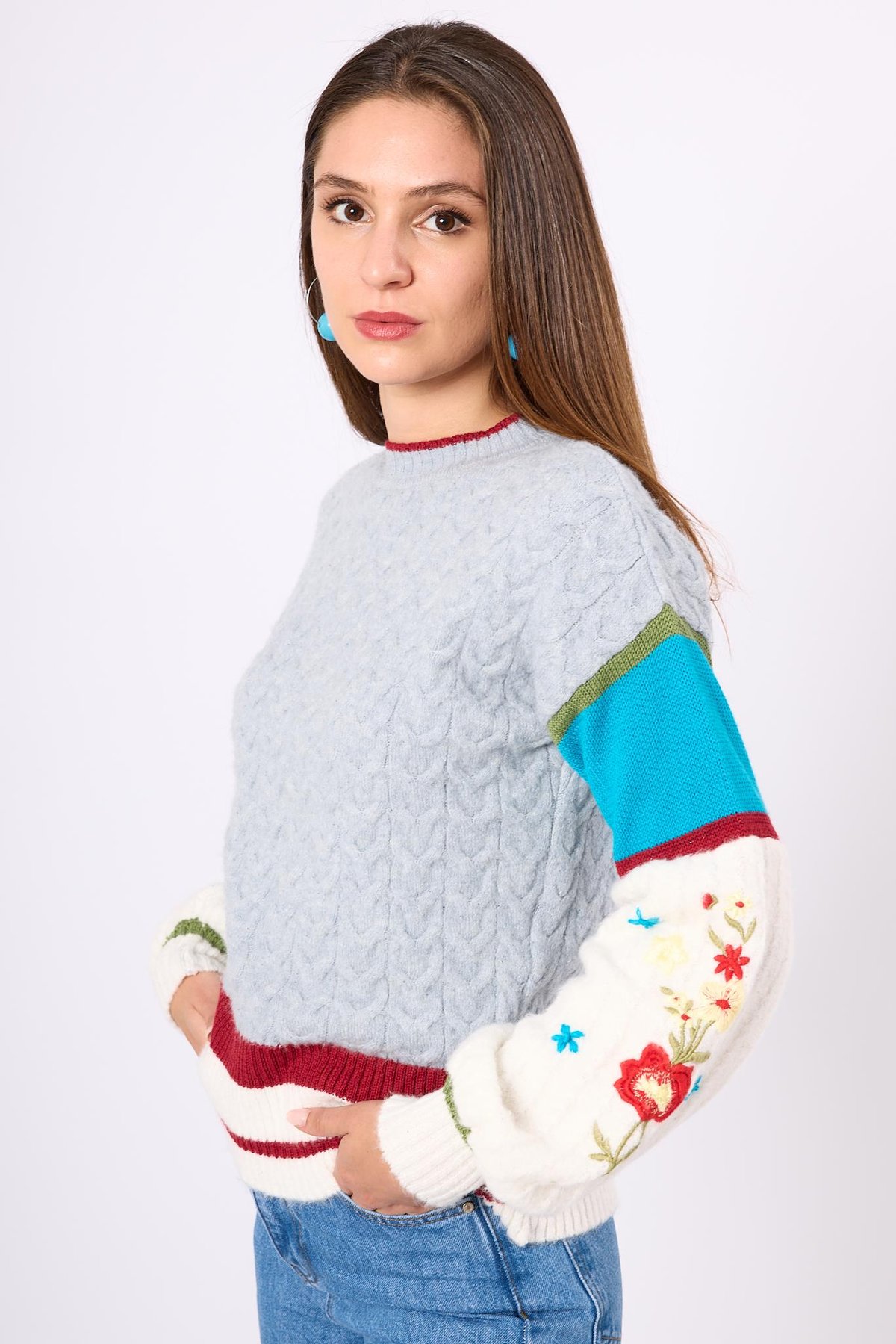 Peraluna Aurora Comfort Fit Womens Knitted Pullover - Gray/Blue/Multi