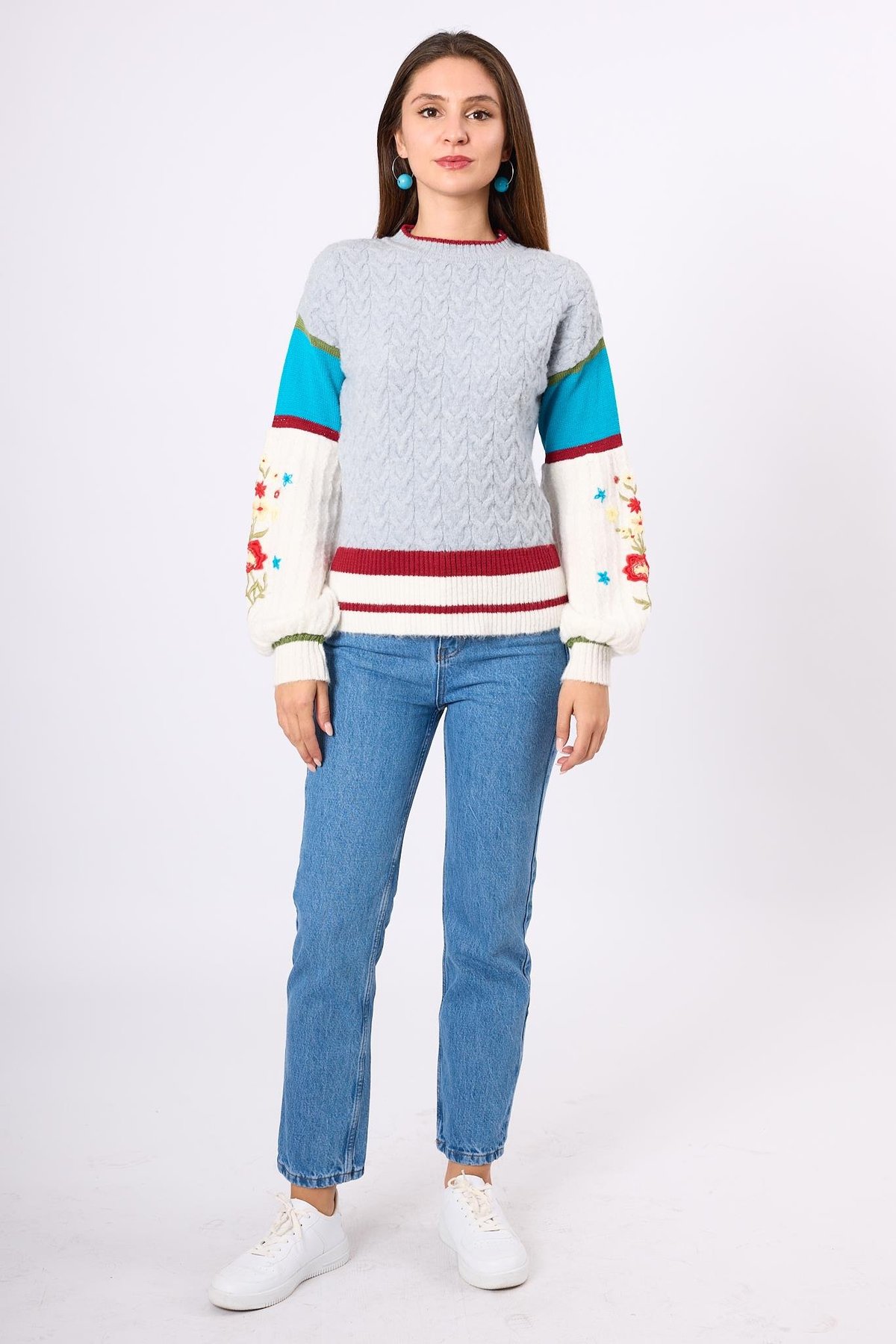 Peraluna Aurora Comfort Fit Womens Knitted Pullover - Gray/Blue/Multi