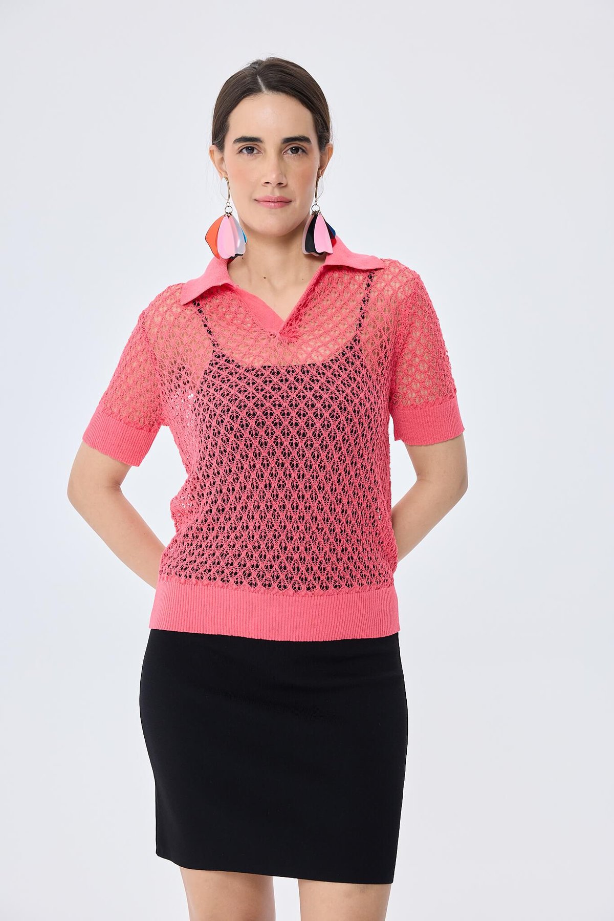 Peraluna Ava, Ajurlu Polo Yaka Kadın Triko Bluz - KORAL