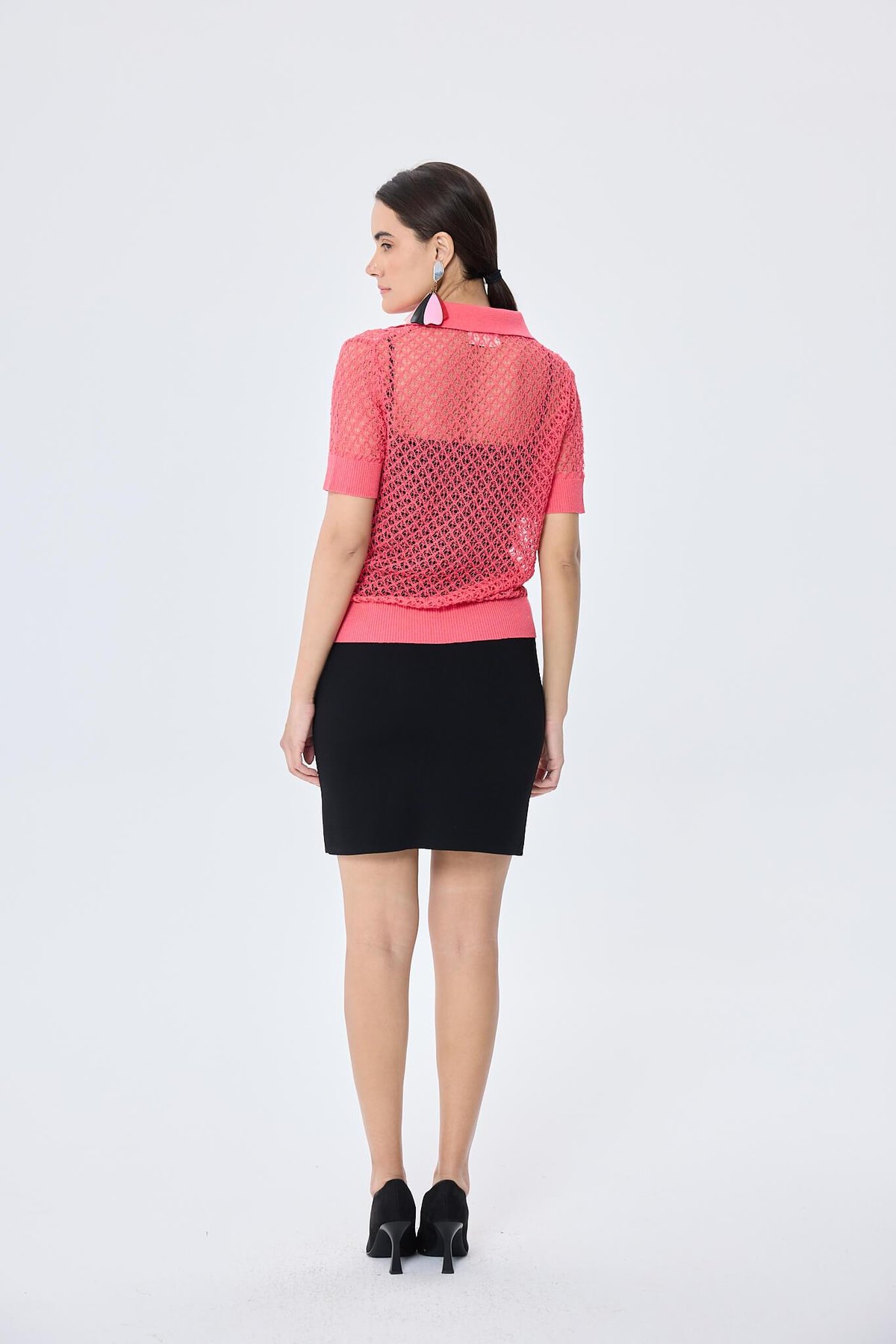 Peraluna Ava, Ajurlu Polo Yaka Kadın Triko Bluz - KORAL