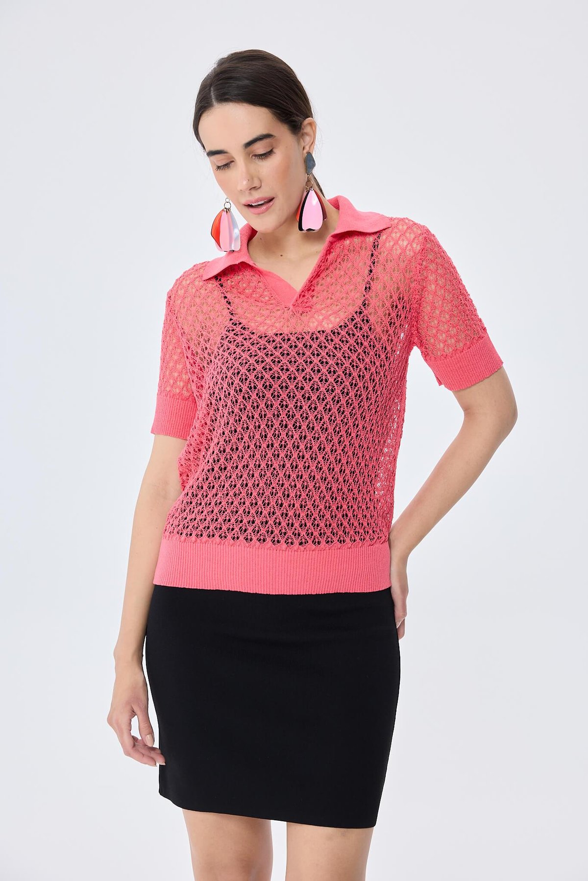 Peraluna Ava, Ajurlu Polo Yaka Kadın Triko Bluz - KORAL