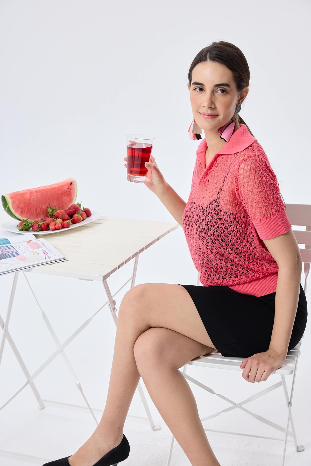 Peraluna Ava, Ajurlu Polo Yaka Kadın Triko Bluz - KORAL