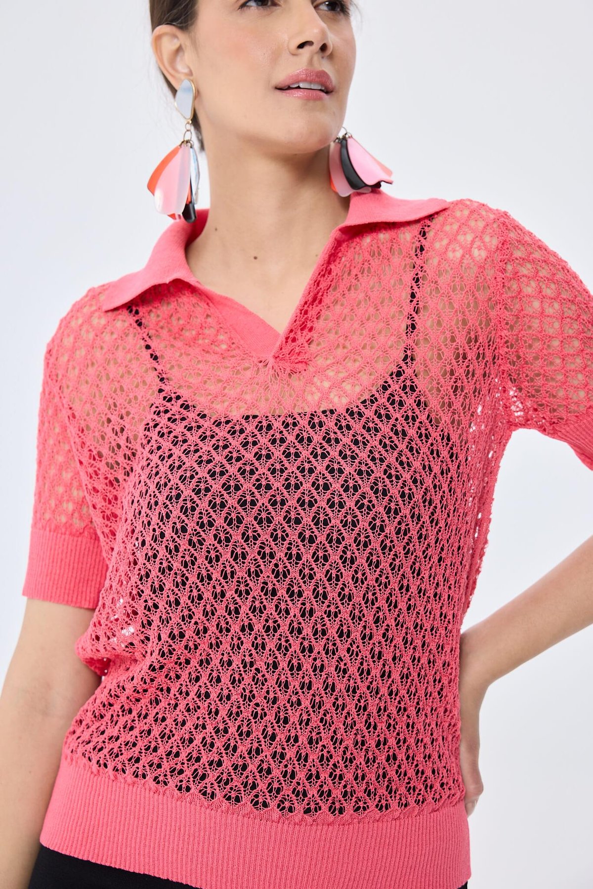 Peraluna Ava, Ajurlu Polo Yaka Kadın Triko Bluz - KORAL