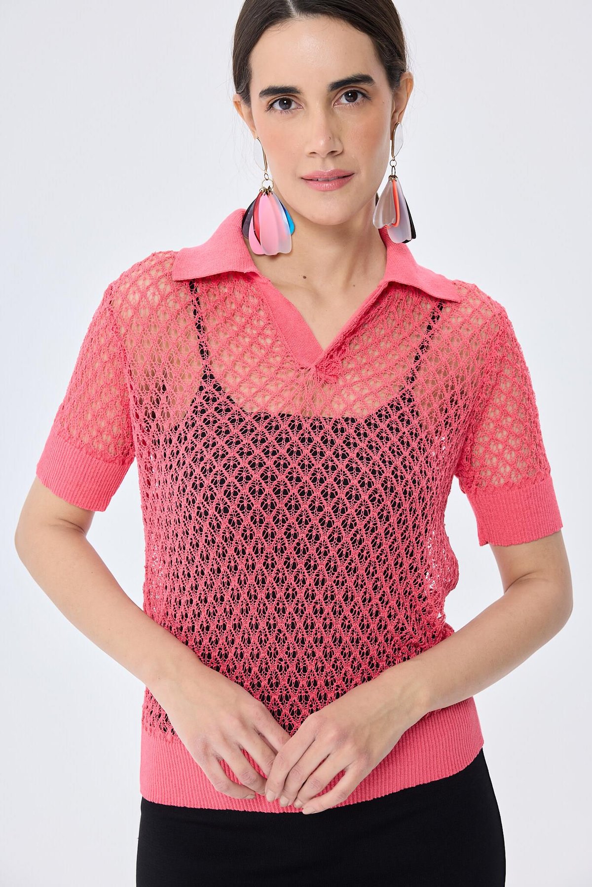 Peraluna Ava, Ajurlu Polo Yaka Kadın Triko Bluz - KORAL