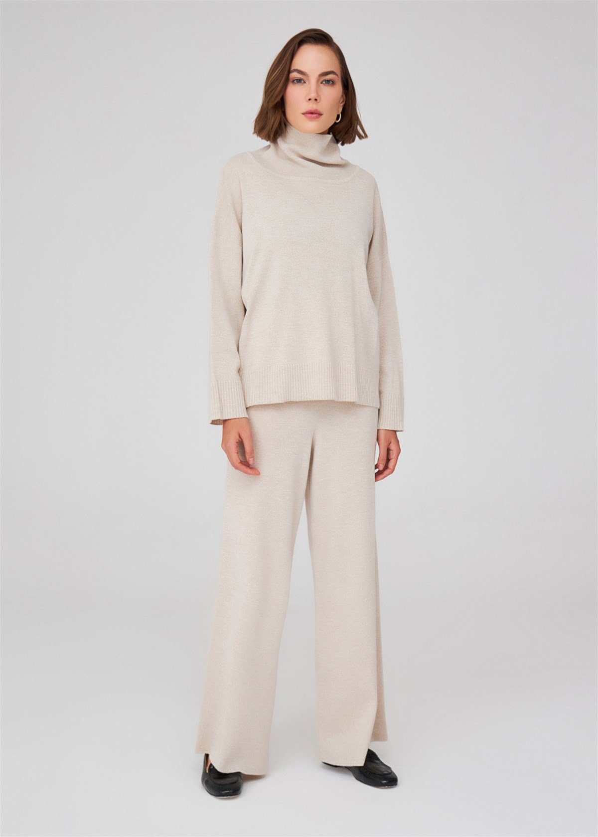 Peraluna Turtleneck Wide Sleeve Women's Knitwear Sweater - Ecru Melange