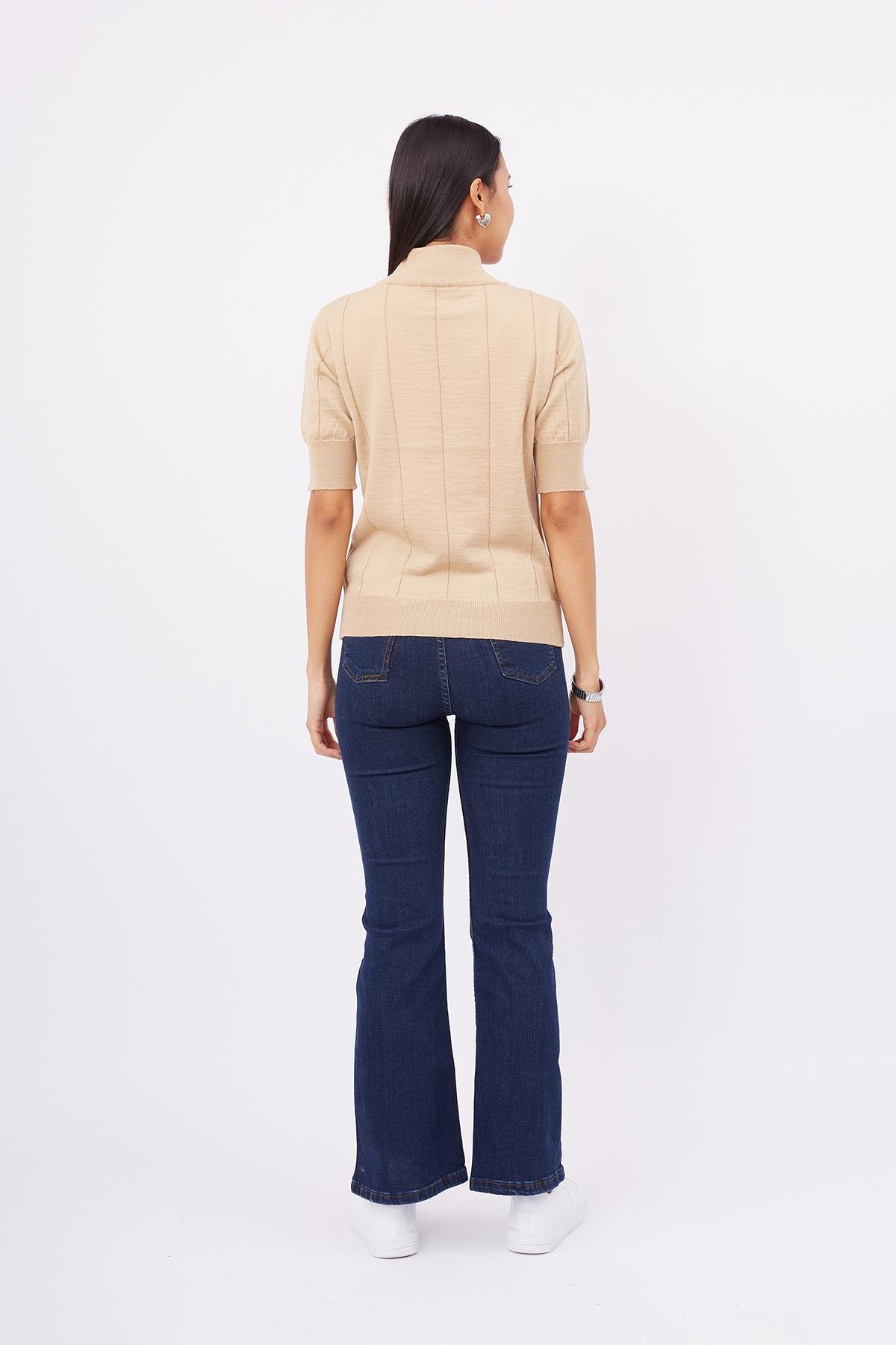 Peraluna Balıkçı Yaka Kısa Kollu İnce Basic Kadın Triko Bluz - Bej