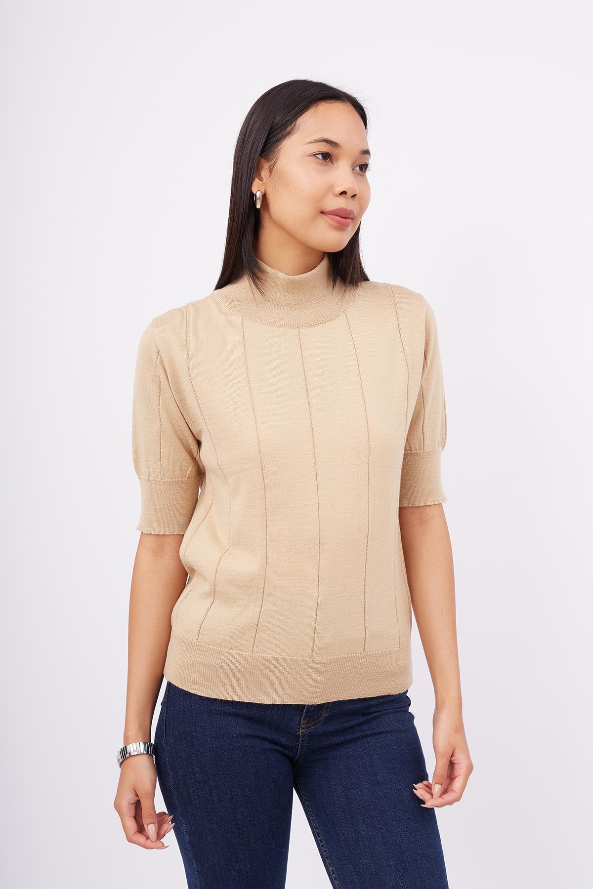 Peraluna Balıkçı Yaka Kısa Kollu İnce Basic Kadın Triko Bluz - Bej