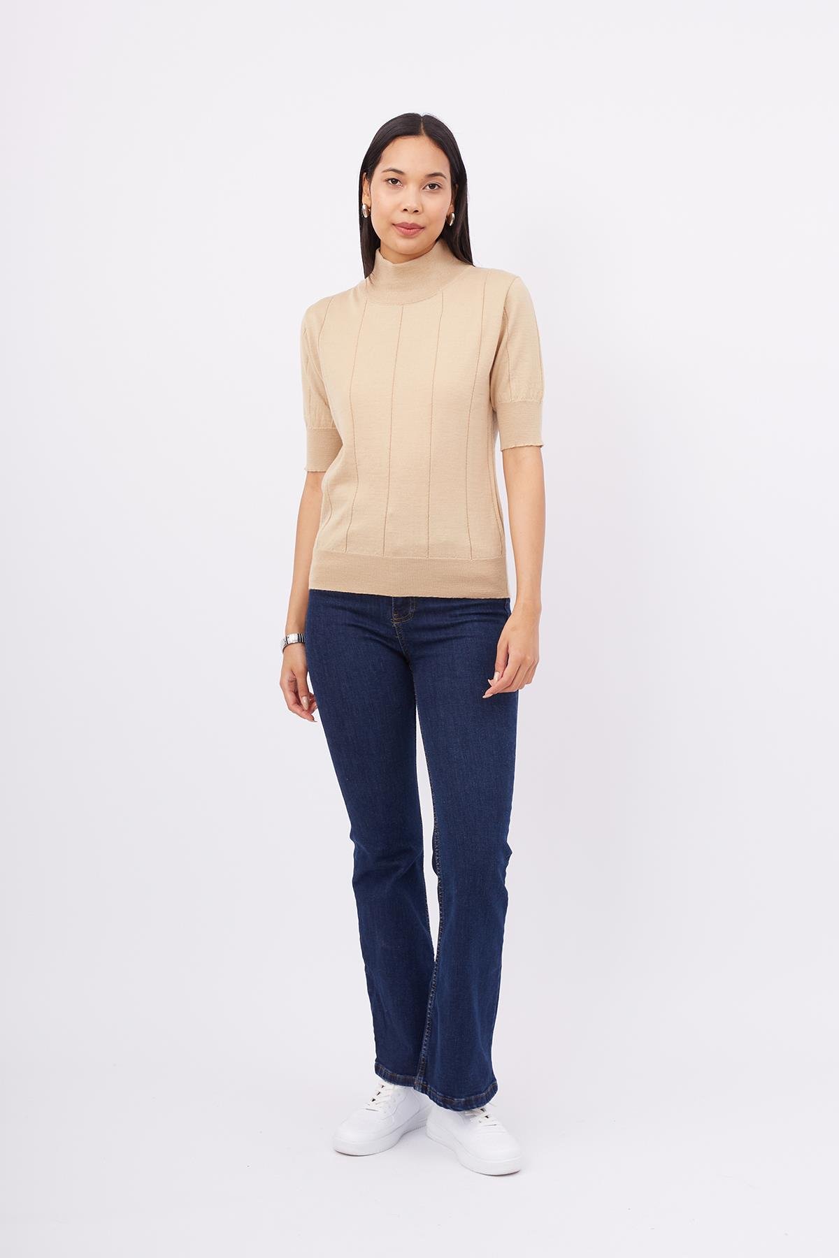 Peraluna Balıkçı Yaka Kısa Kollu İnce Basic Kadın Triko Bluz - Bej