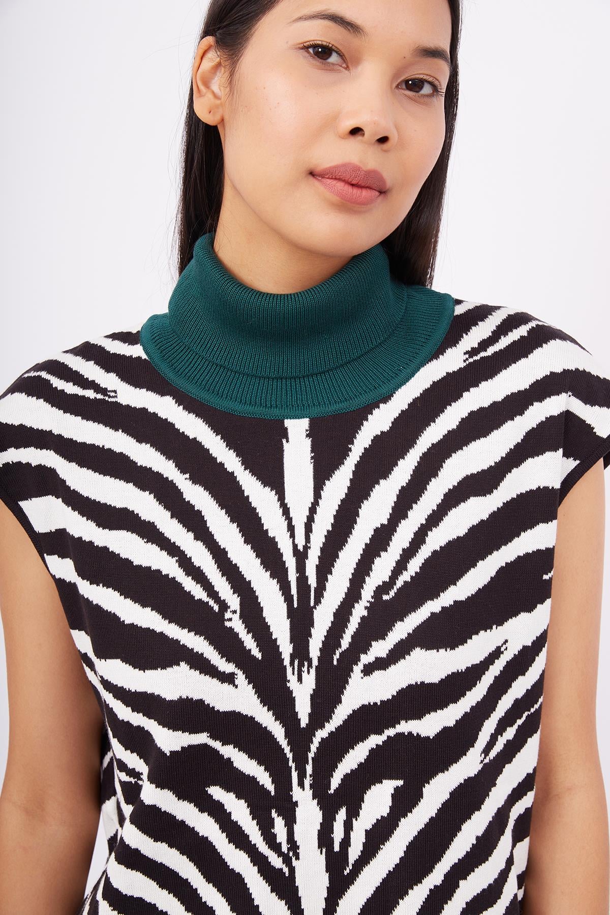 Peraluna Balıkçı Yaka Siyah Beyaz Zebra Desenli Kadın Triko Bluz
