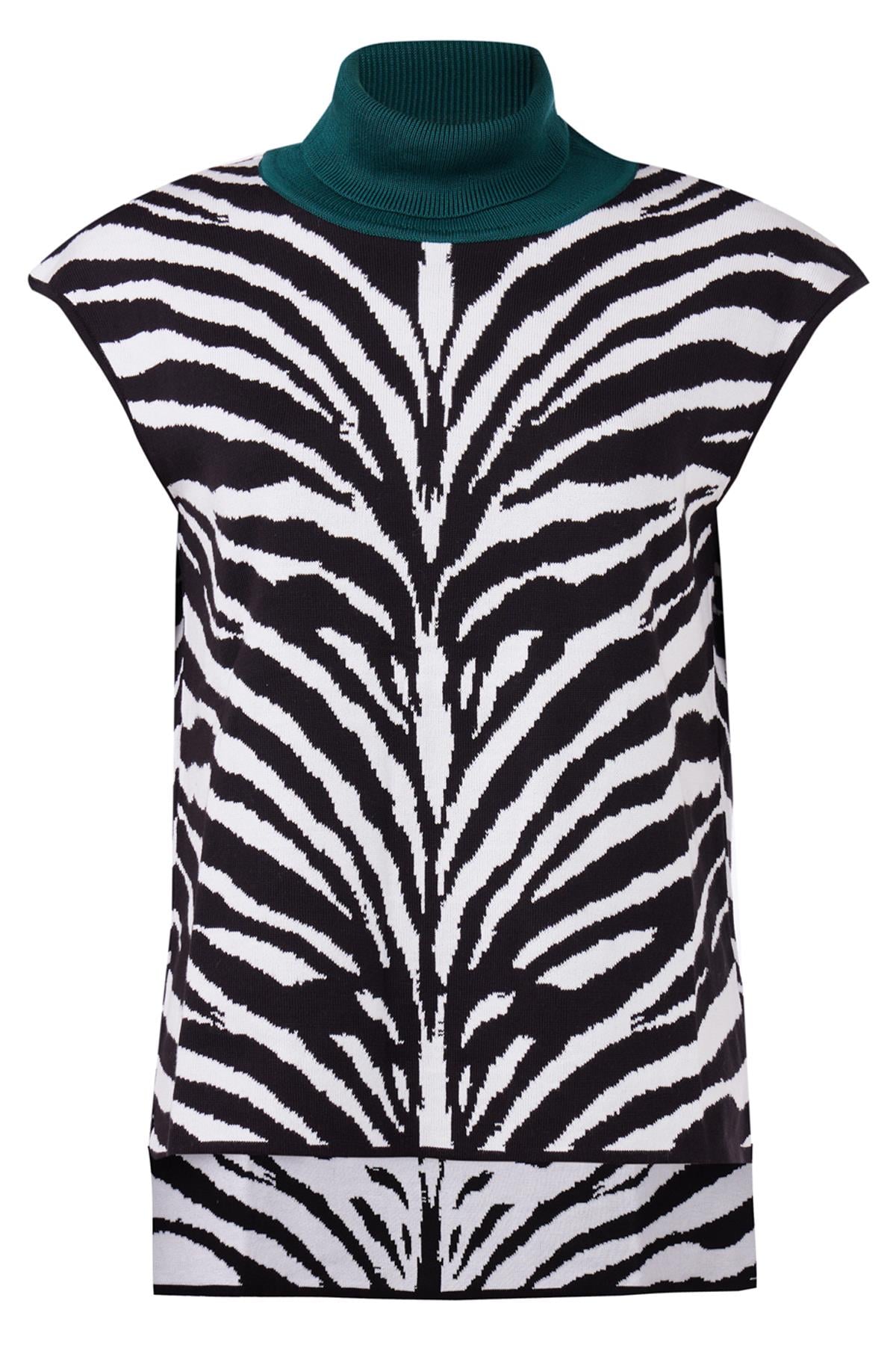 Peraluna Balıkçı Yaka Siyah Beyaz Zebra Desenli Kadın Triko Bluz