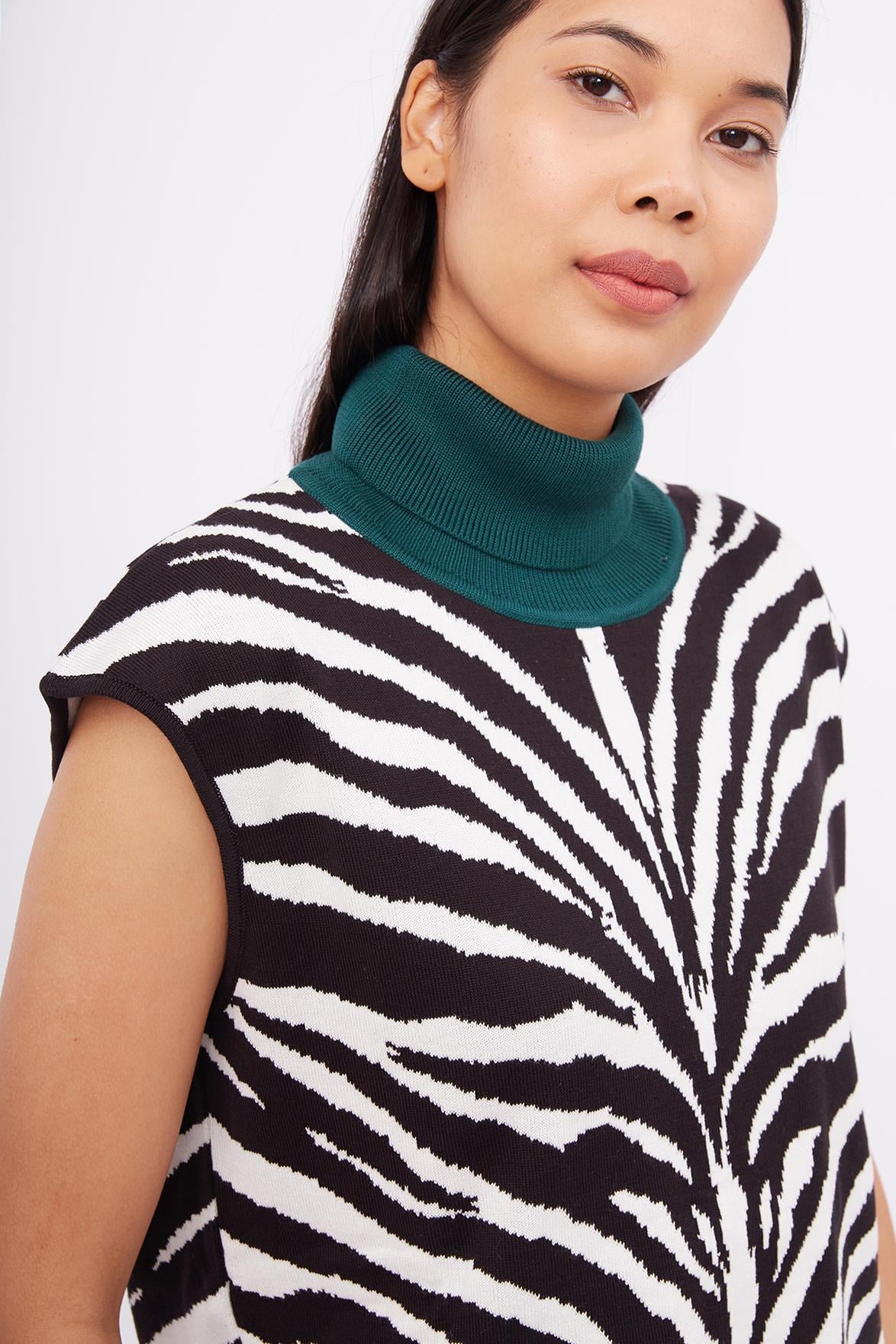 Peraluna Balıkçı Yaka Siyah Beyaz Zebra Desenli Kadın Triko Bluz