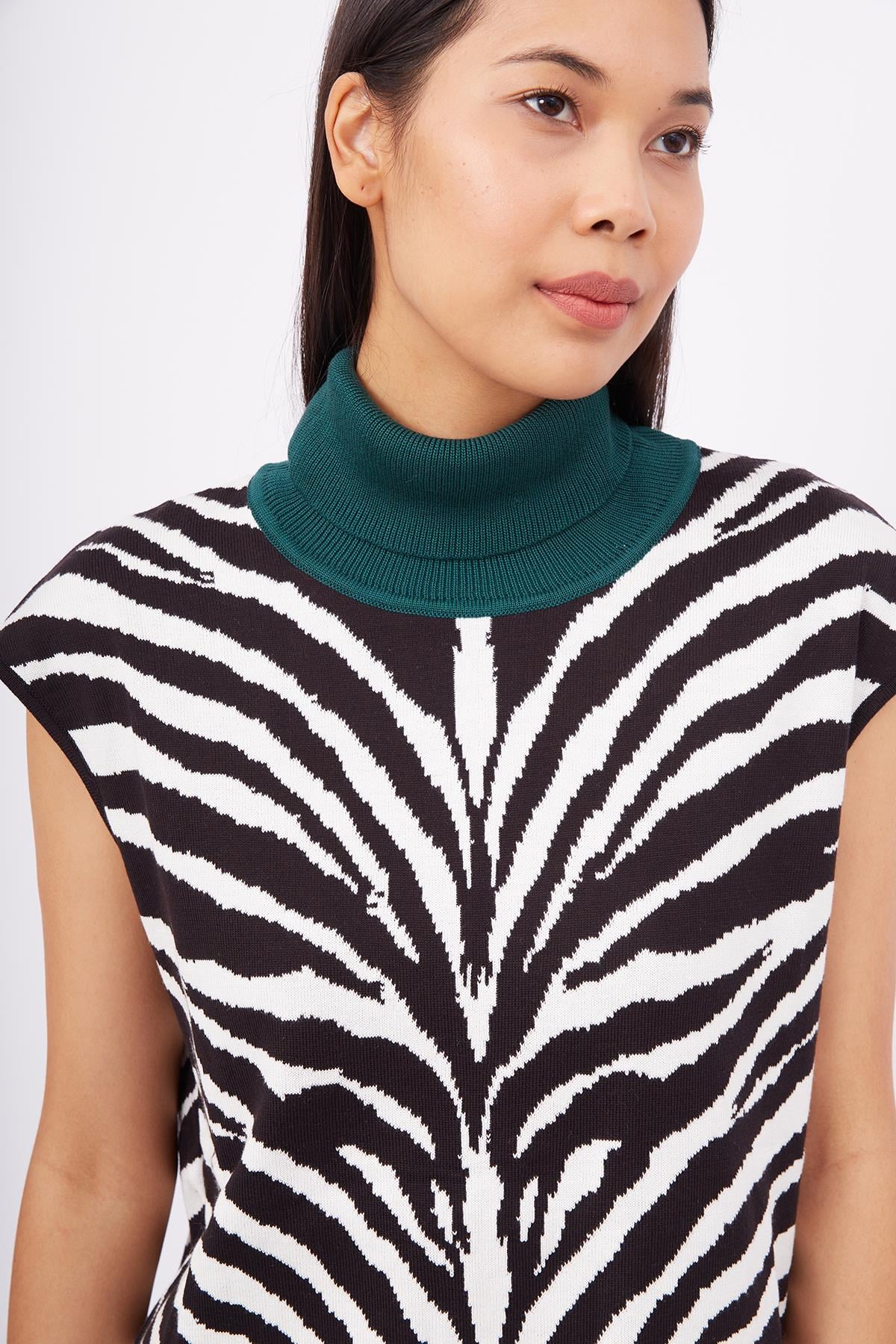 Peraluna Balıkçı Yaka Siyah Beyaz Zebra Desenli Kadın Triko Bluz