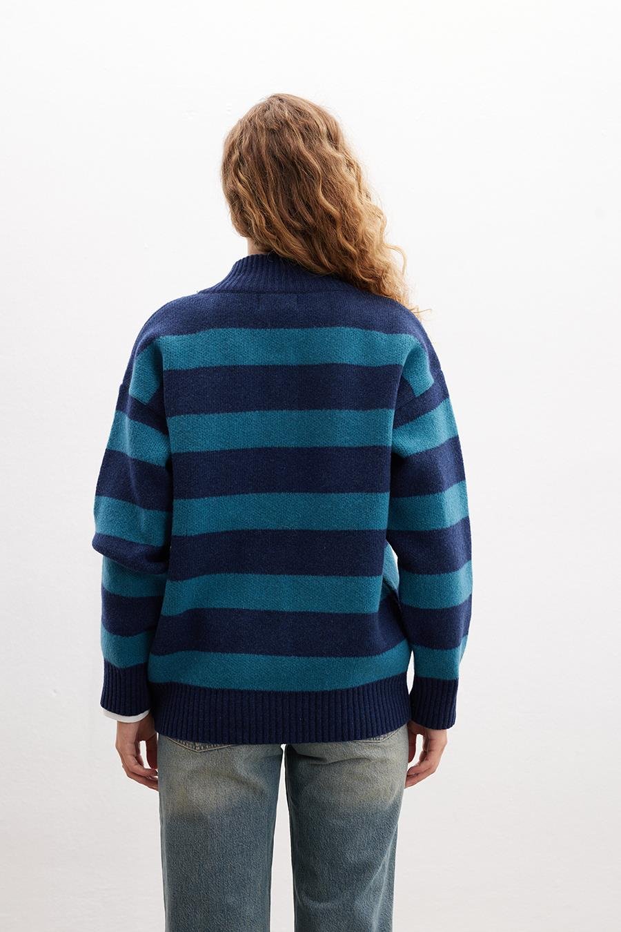 Peraluna BARBARA CARDIGAN Çizgili Yüksek Yaka Geniş Kalıp Yün Karışım Kadın Triko Hırka - Lacivert