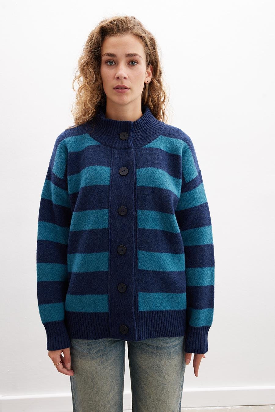 Peraluna BARBARA CARDIGAN Çizgili Yüksek Yaka Geniş Kalıp Yün Karışım Kadın Triko Hırka - Lacivert
