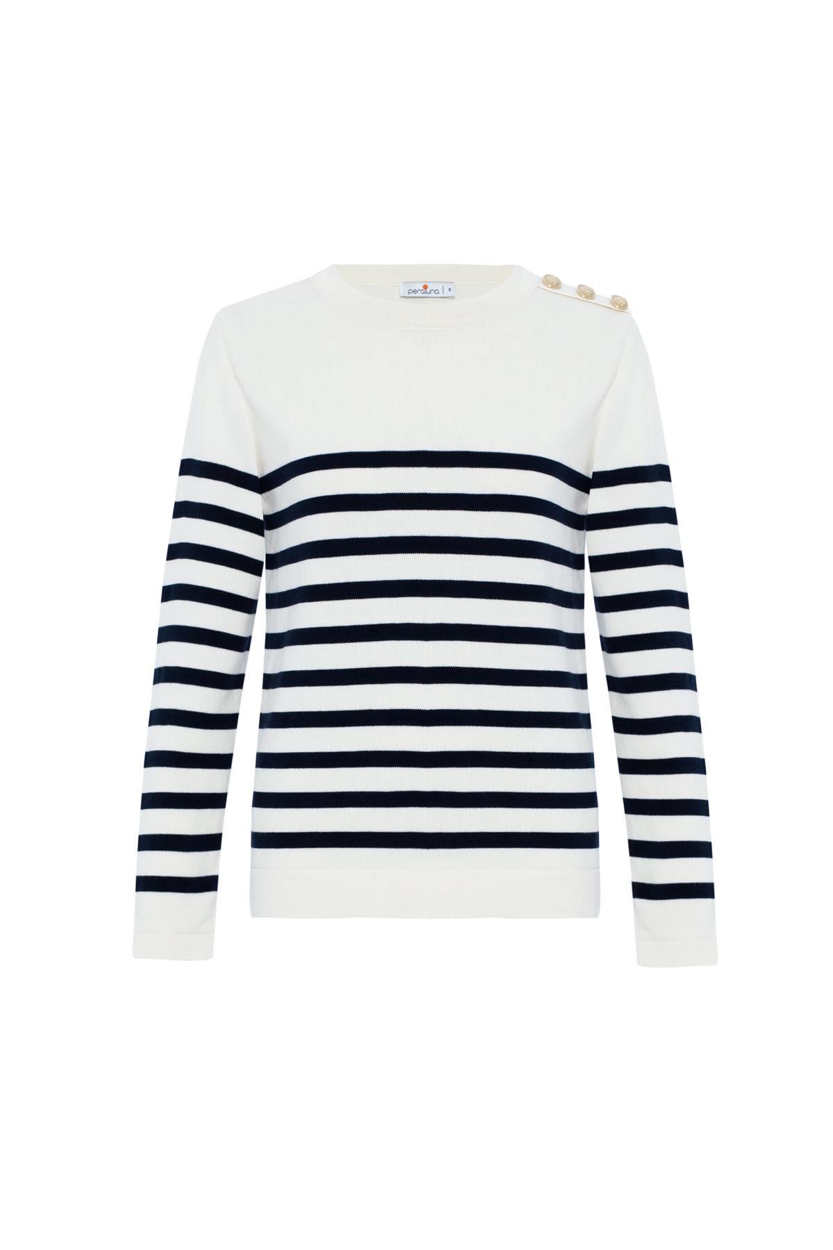 Peraluna BARDOT PULLOVER Omzu Düğmeli Çizgili Organik Pamuk Mevsimlik Kadın Triko Kazak Ekru/Lacivert