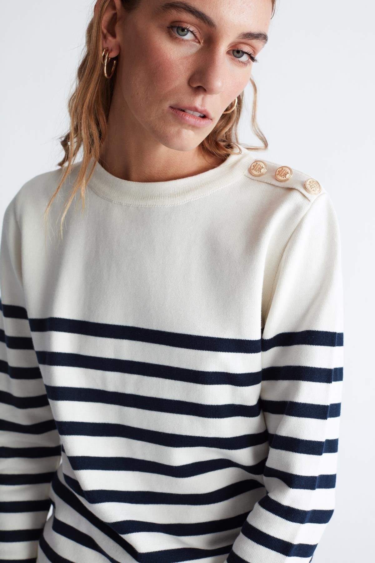 Peraluna BARDOT PULLOVER Omzu Düğmeli Çizgili Organik Pamuk Mevsimlik Kadın Triko Kazak Ekru/Lacivert