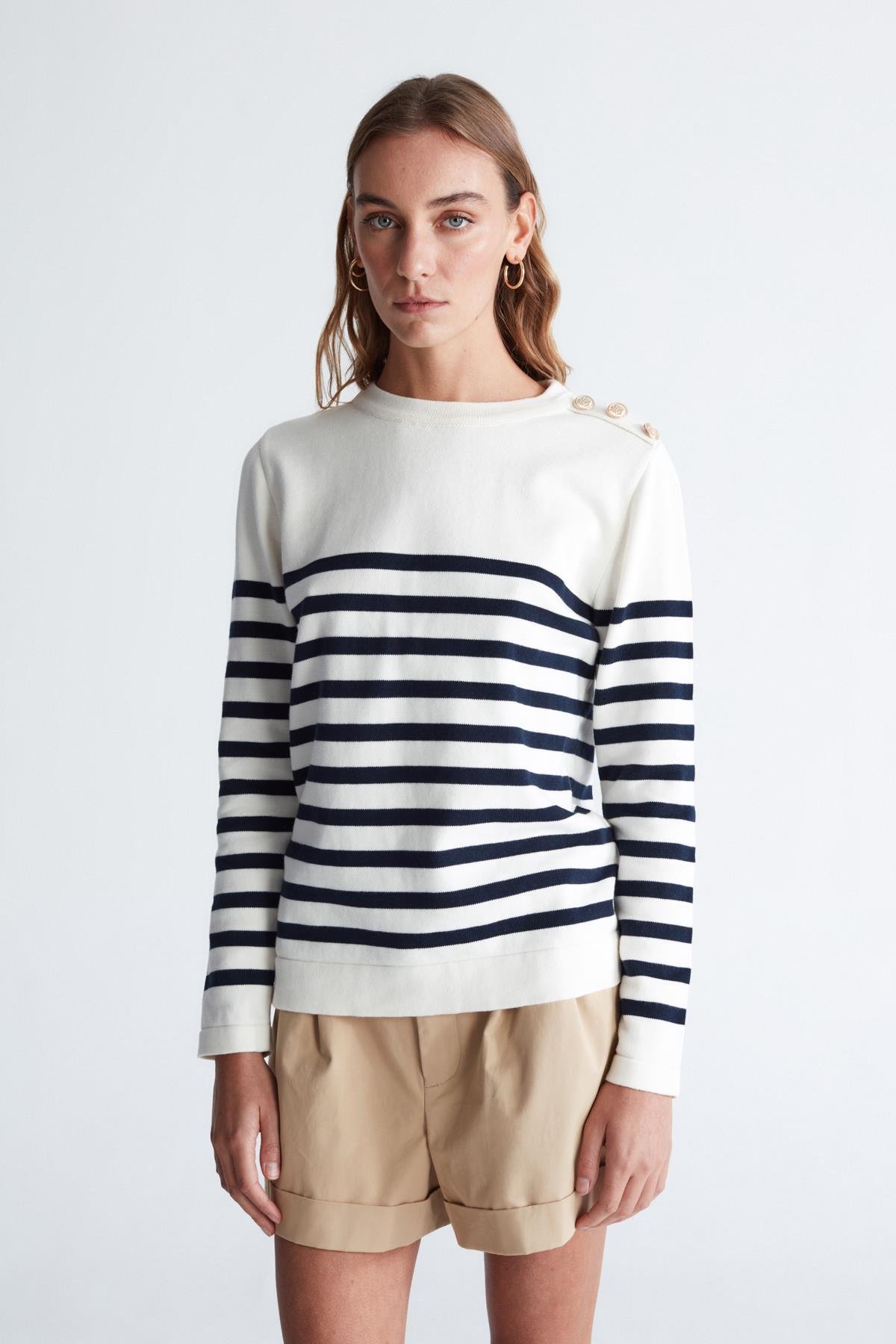 Peraluna BARDOT PULLOVER Omzu Düğmeli Çizgili Organik Pamuk Mevsimlik Kadın Triko Kazak Ekru/Lacivert