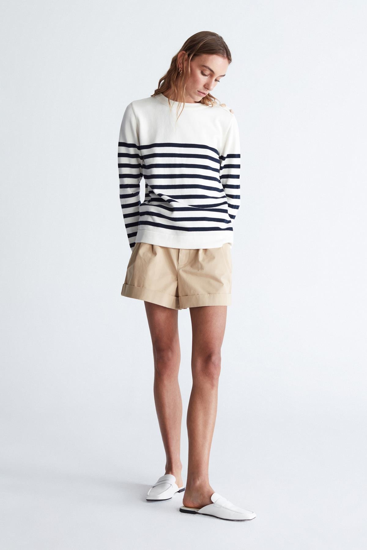 Peraluna BARDOT PULLOVER Omzu Düğmeli Çizgili Organik Pamuk Mevsimlik Kadın Triko Kazak Ekru/Lacivert