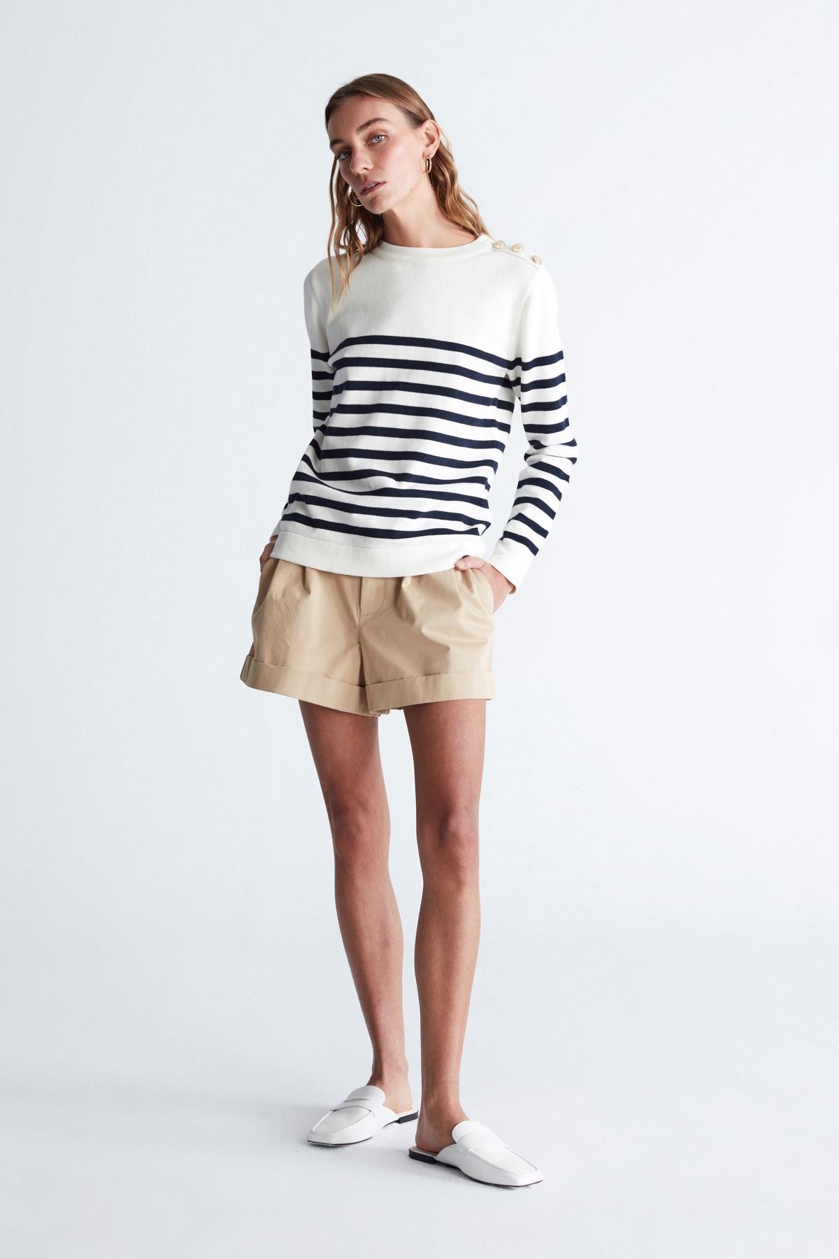 Peraluna BARDOT PULLOVER Omzu Düğmeli Çizgili Organik Pamuk Mevsimlik Kadın Triko Kazak Ekru/Lacivert