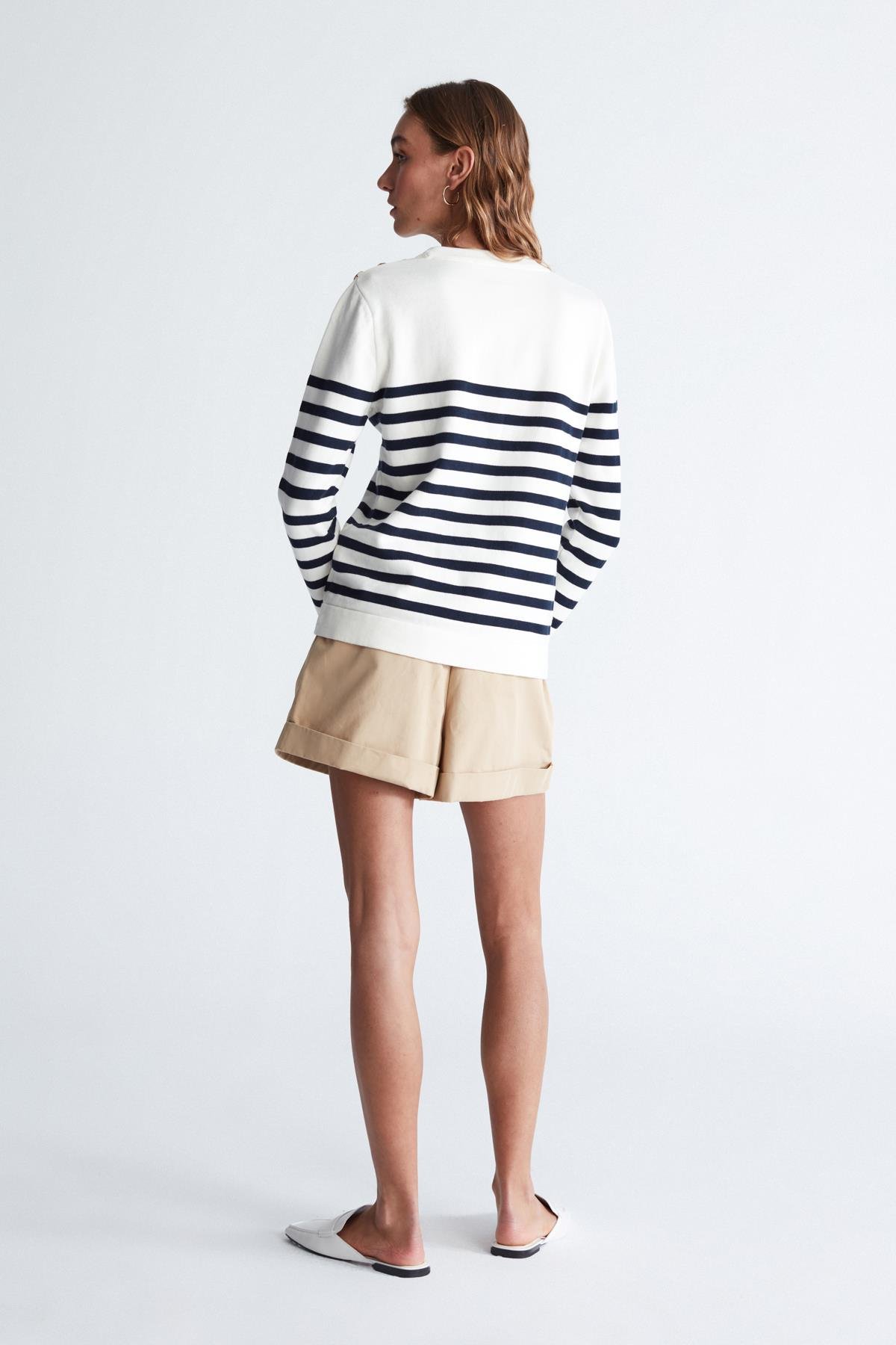 Peraluna BARDOT PULLOVER Omzu Düğmeli Çizgili Organik Pamuk Mevsimlik Kadın Triko Kazak Ekru/Lacivert