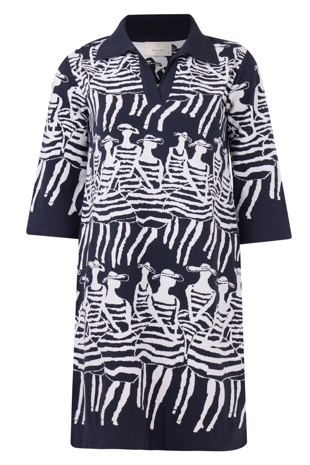 Peraluna BEACH GIRLS DRESS Kadınlar Desenli A Form 3/4 Kol Boy İnce Kadın Triko Elbise - Antrasit/Beyaz