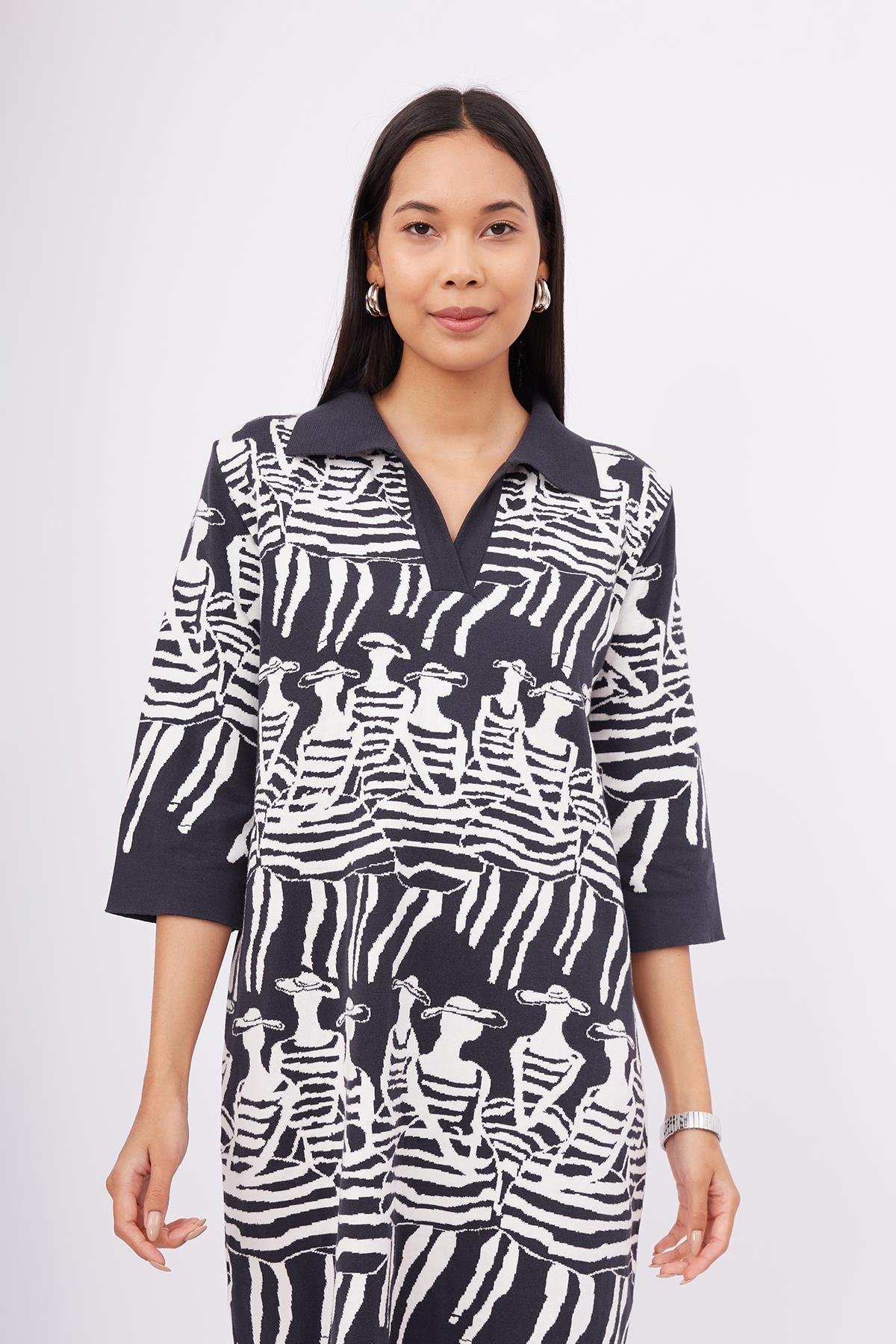 Peraluna BEACH GIRLS DRESS Kadınlar Desenli A Form 3/4 Kol Boy İnce Kadın Triko Elbise - Antrasit/Beyaz