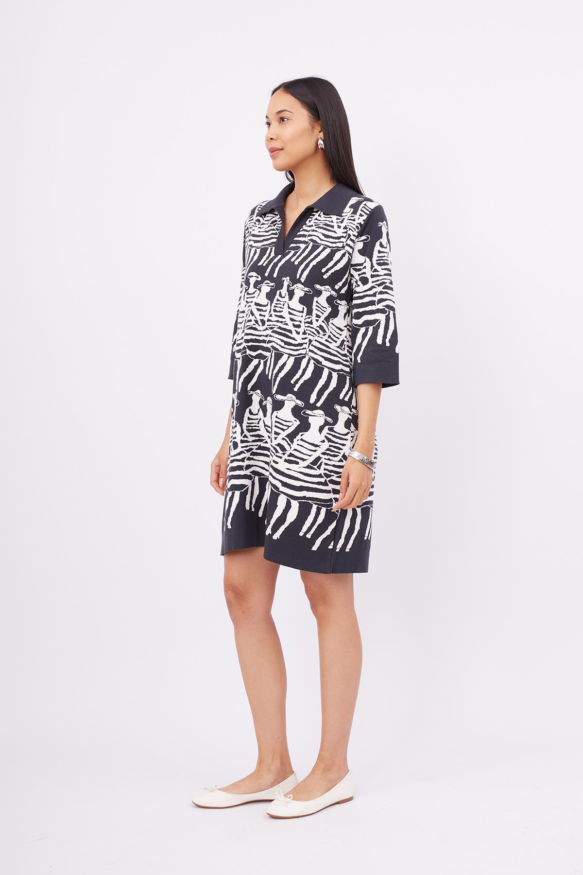 Peraluna BEACH GIRLS DRESS Kadınlar Desenli A Form 3/4 Kol Boy İnce Kadın Triko Elbise - Antrasit/Beyaz