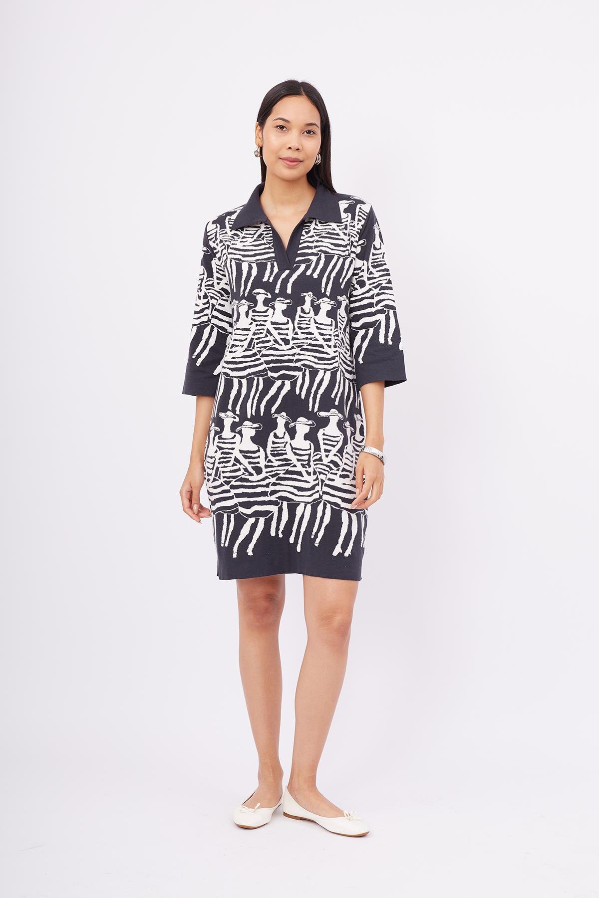 Peraluna BEACH GIRLS DRESS Kadınlar Desenli A Form 3/4 Kol Boy İnce Kadın Triko Elbise - Antrasit/Beyaz