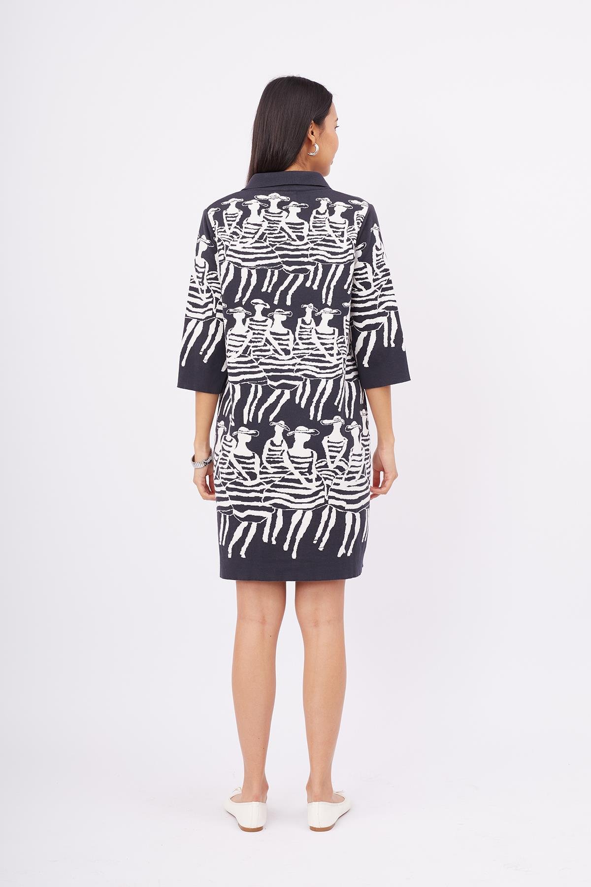 Peraluna BEACH GIRLS DRESS Kadınlar Desenli A Form 3/4 Kol Boy İnce Kadın Triko Elbise - Antrasit/Beyaz