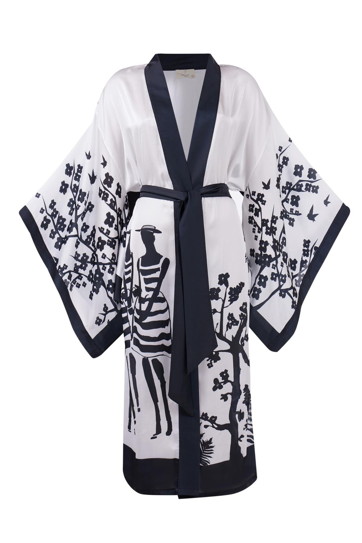 Peraluna BEACH GIRLS LONG KIMONO Kadınlar ve Sakura Baskılı 125 CM Uzun Saten Kadın Kimono - Siyah/Beyaz