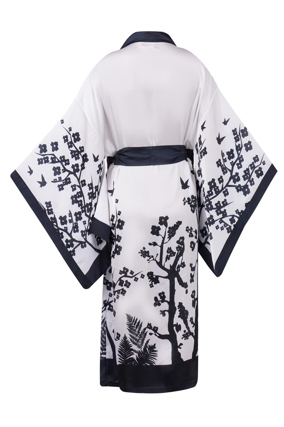 Peraluna BEACH GIRLS LONG KIMONO Kadınlar ve Sakura Baskılı 125 CM Uzun Saten Kadın Kimono - Siyah/Beyaz