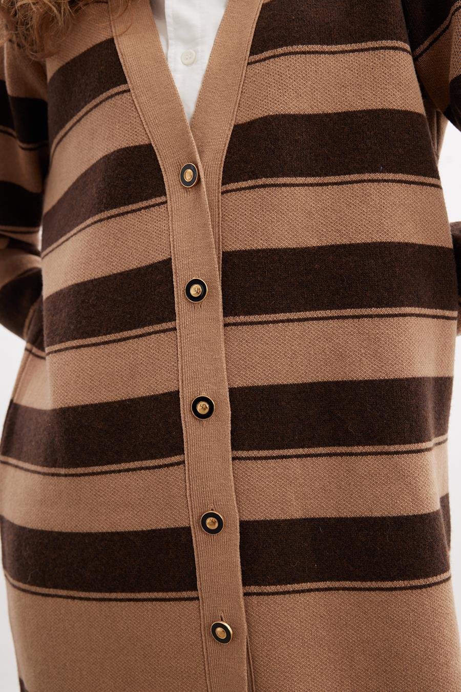 Peraluna BEATRICE LONG CARDIGAN Çizgili V Yaka Uzun Kadın Triko Hırka - Camel