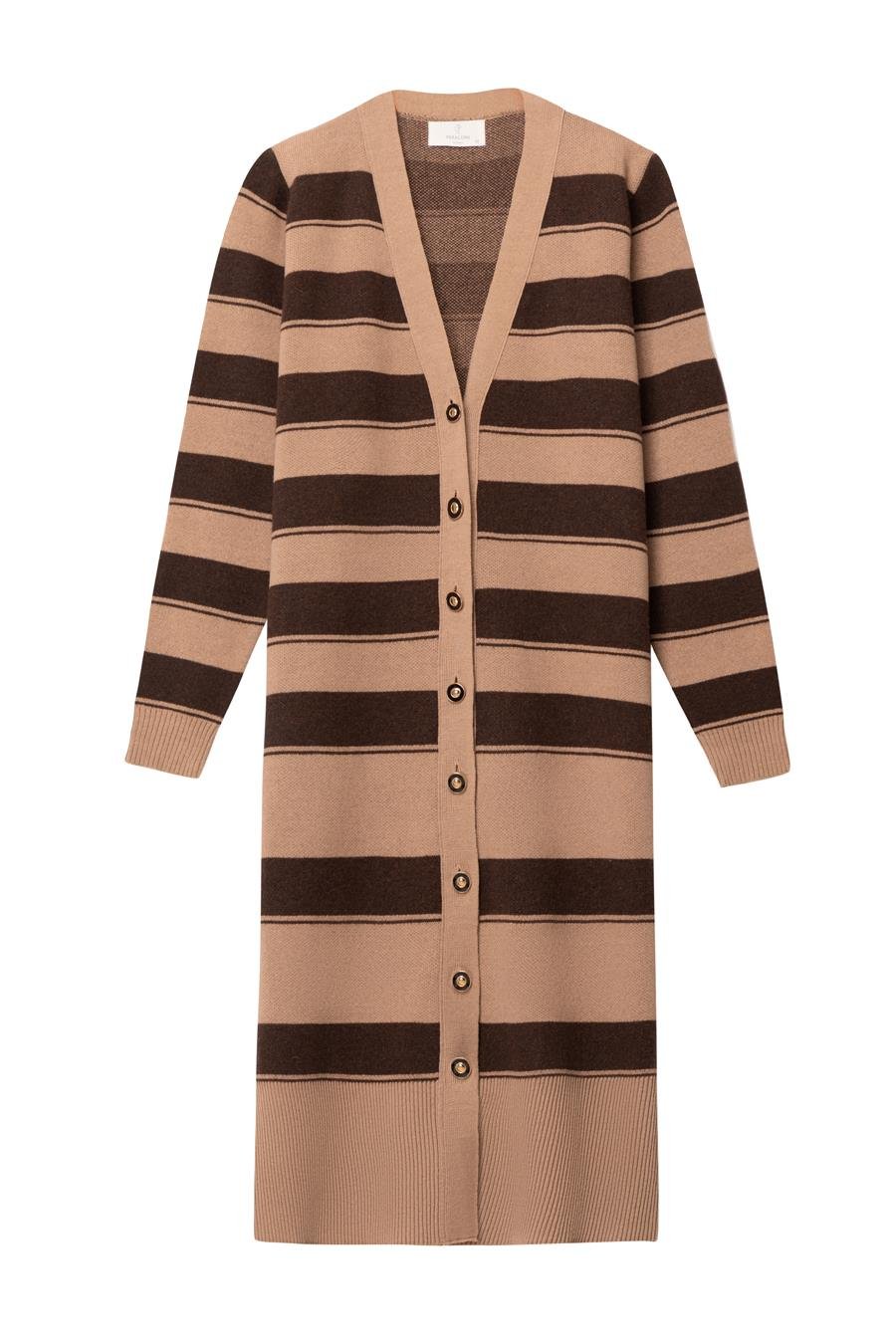 Peraluna BEATRICE LONG CARDIGAN Çizgili V Yaka Uzun Kadın Triko Hırka - Camel