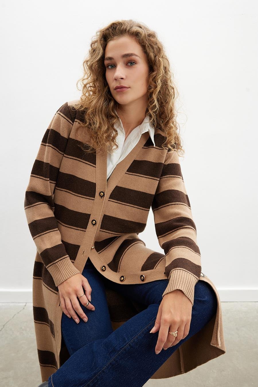 Peraluna BEATRICE LONG CARDIGAN Çizgili V Yaka Uzun Kadın Triko Hırka - Camel