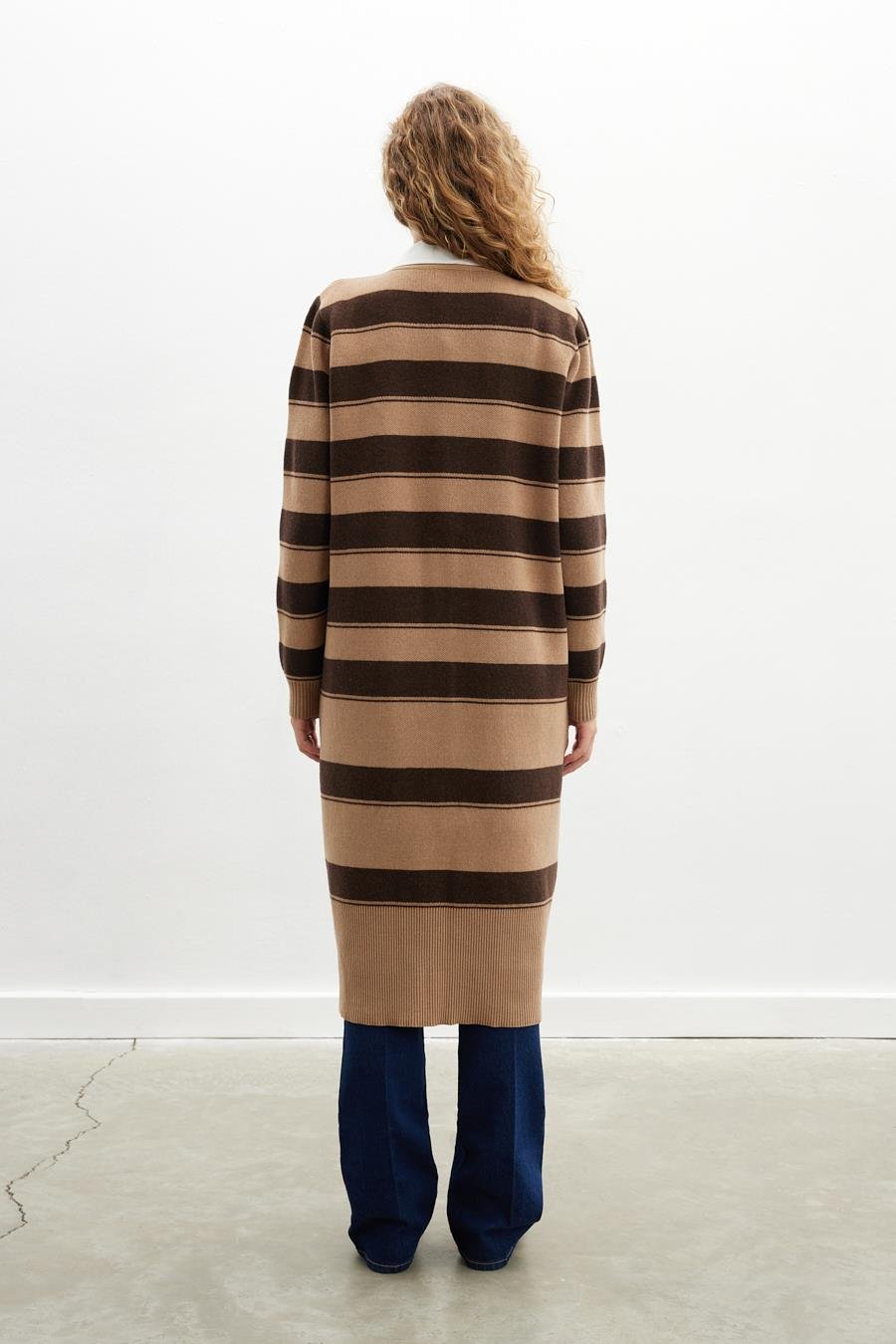 Peraluna BEATRICE LONG CARDIGAN Çizgili V Yaka Uzun Kadın Triko Hırka - Camel