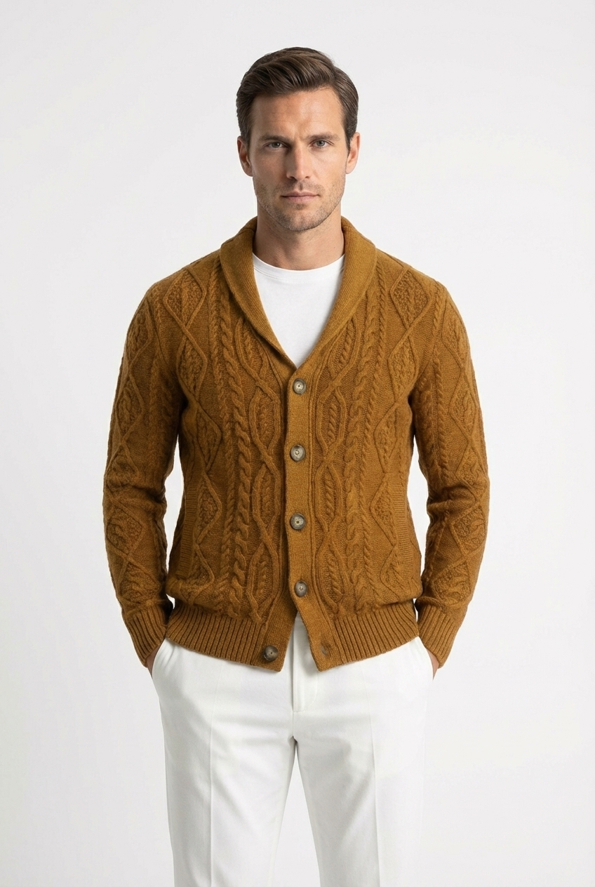 Peraluna BENJAMIN CARDİGAN Shawl Collar Soft Touched Woolen Men's Knitwear Cardigan - Mustard