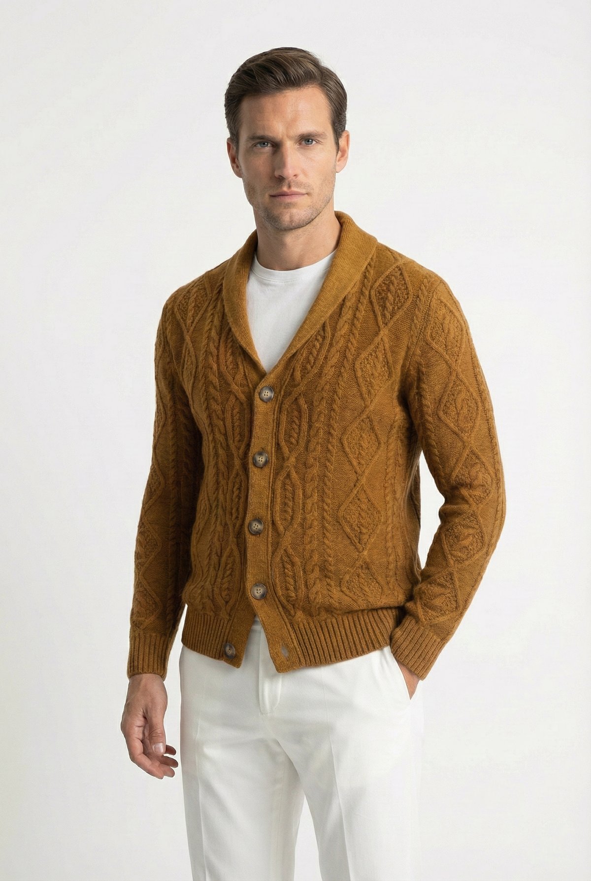 Peraluna BENJAMIN CARDİGAN Shawl Collar Soft Touched Woolen Men's Knitwear Cardigan - Mustard