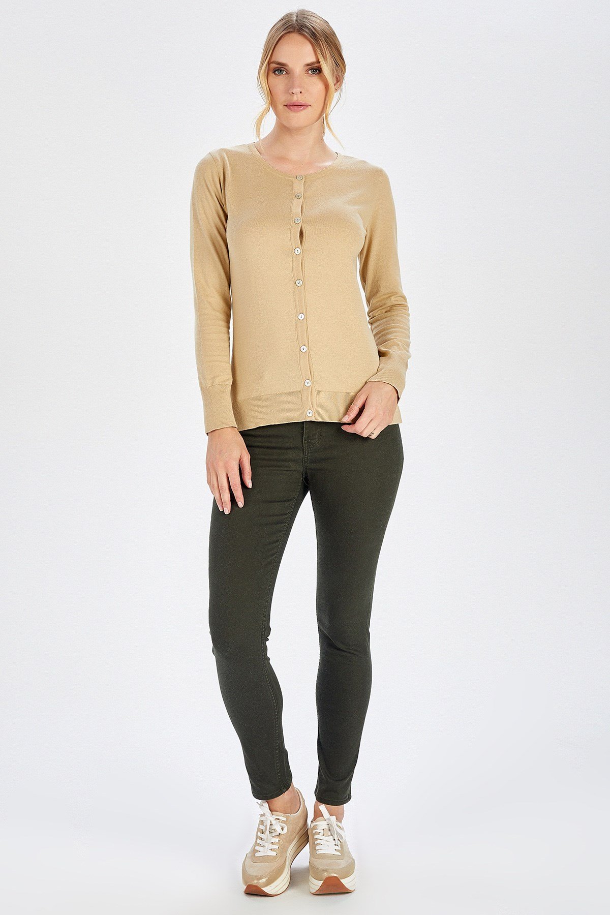 Peraluna O-Neck Basic Women's Knitwear Cotton Cardigan - Beige