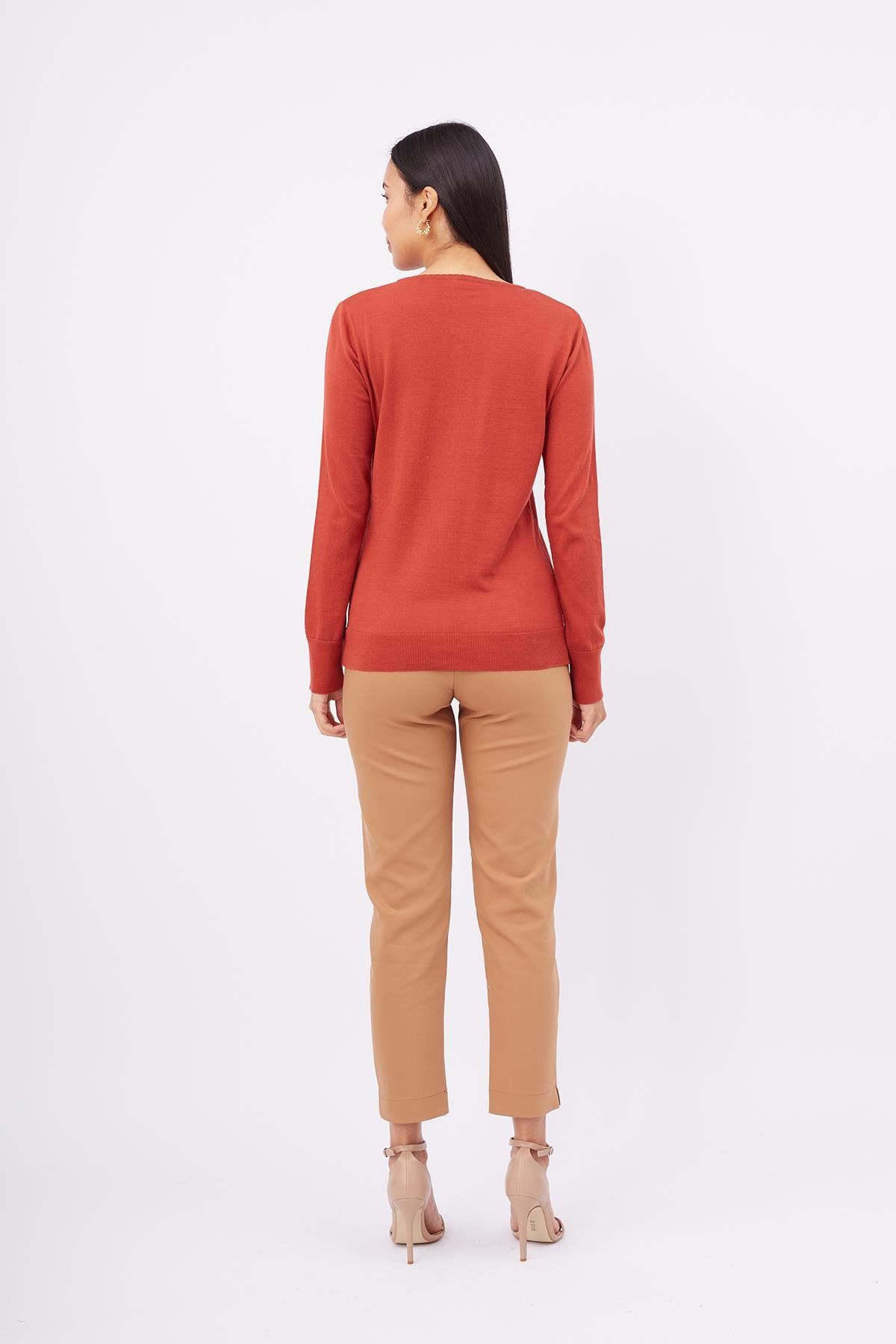 Peraluna Bisiklet Yaka Basic Pamuklu Kadın Triko Hırka - Kiremit