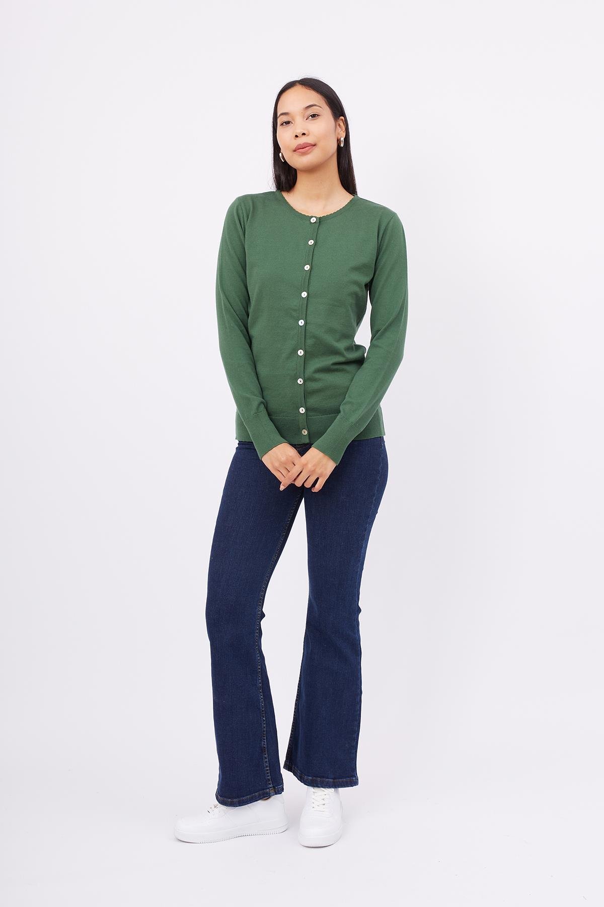 Peraluna Bisiklet Yaka Basic Pamuklu Kadın Triko Hırka - Koyu Yeşil