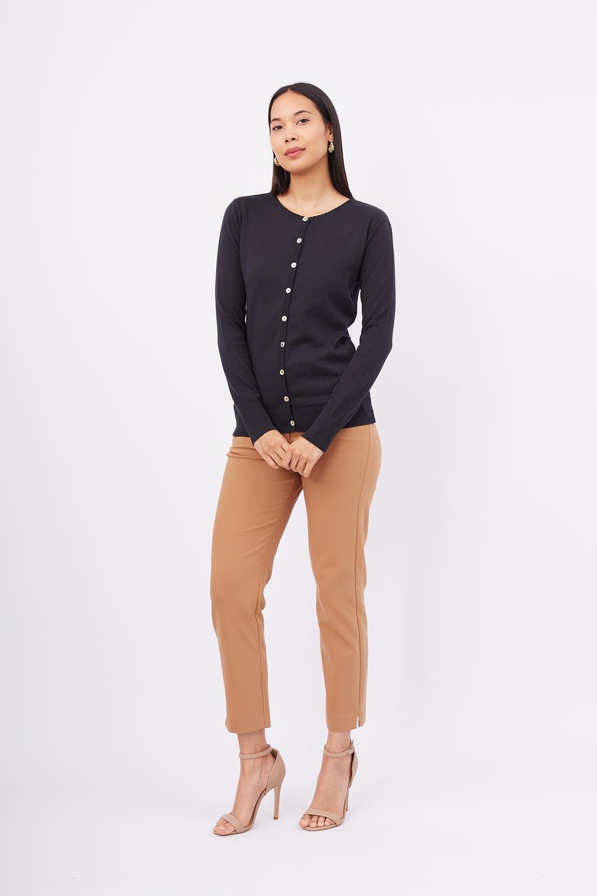 Peraluna Bisiklet Yaka Basic Pamuklu Kadın Triko Hırka - Siyah