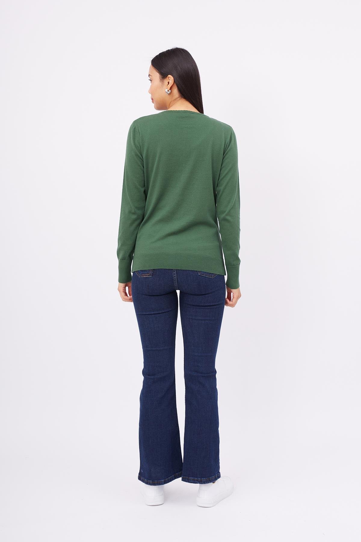 Peraluna Bisiklet Yaka Basic Pamuklu Kadın Triko Hırka - Koyu Yeşil