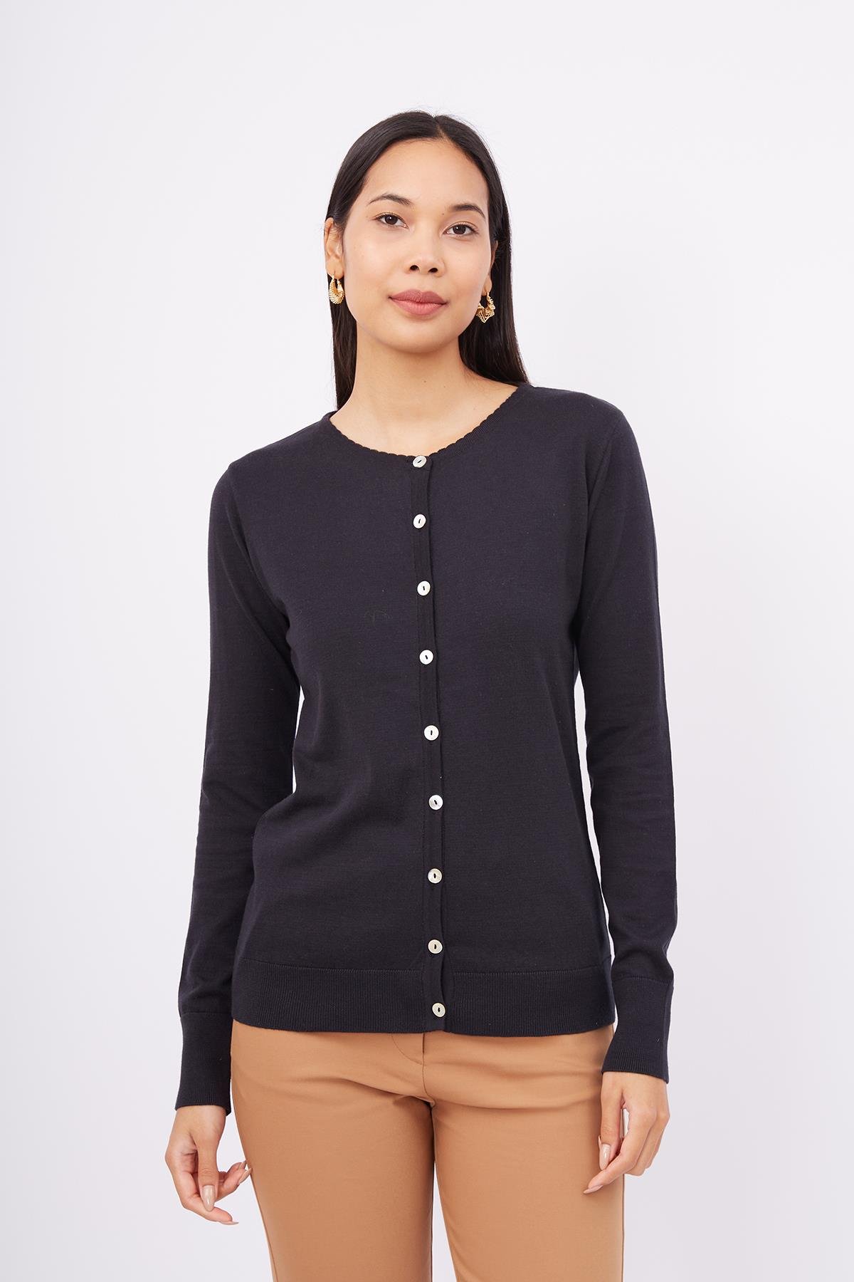 Peraluna Bisiklet Yaka Basic Pamuklu Kadın Triko Hırka - Siyah