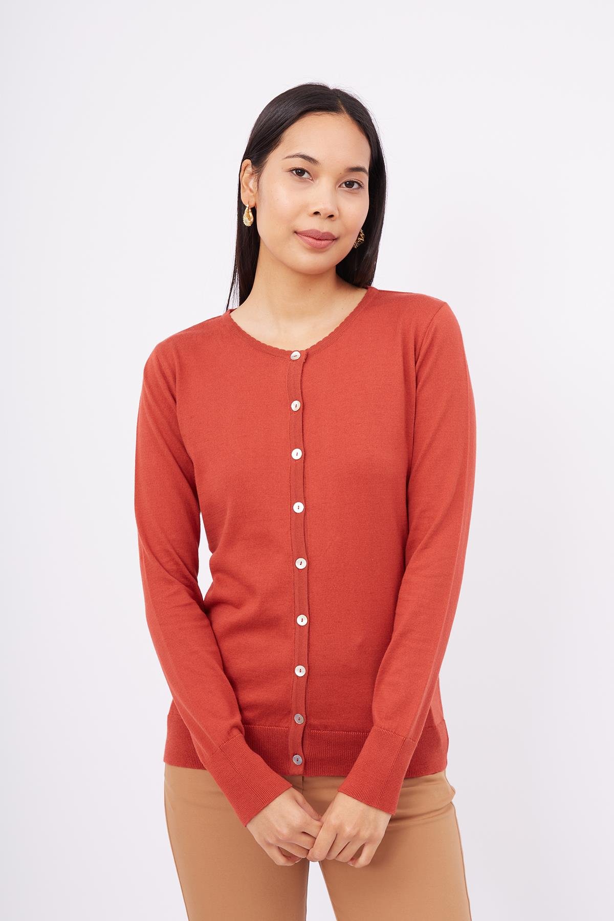 Peraluna Bisiklet Yaka Basic Pamuklu Kadın Triko Hırka - Kiremit